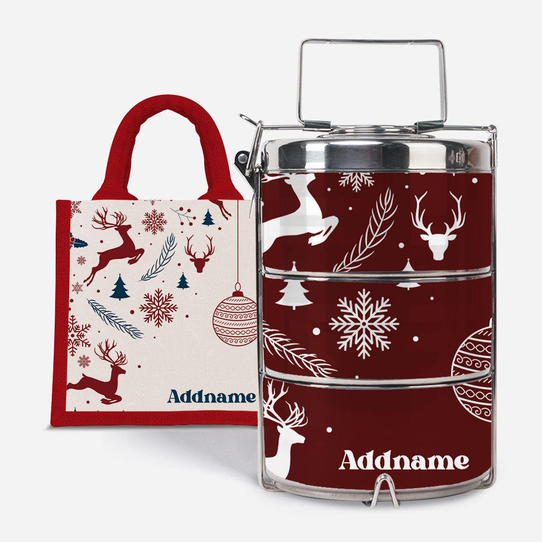 Christmas Series Premium Tiffin with Half Lining Lunch Bag Jubilant Reindeers Red
