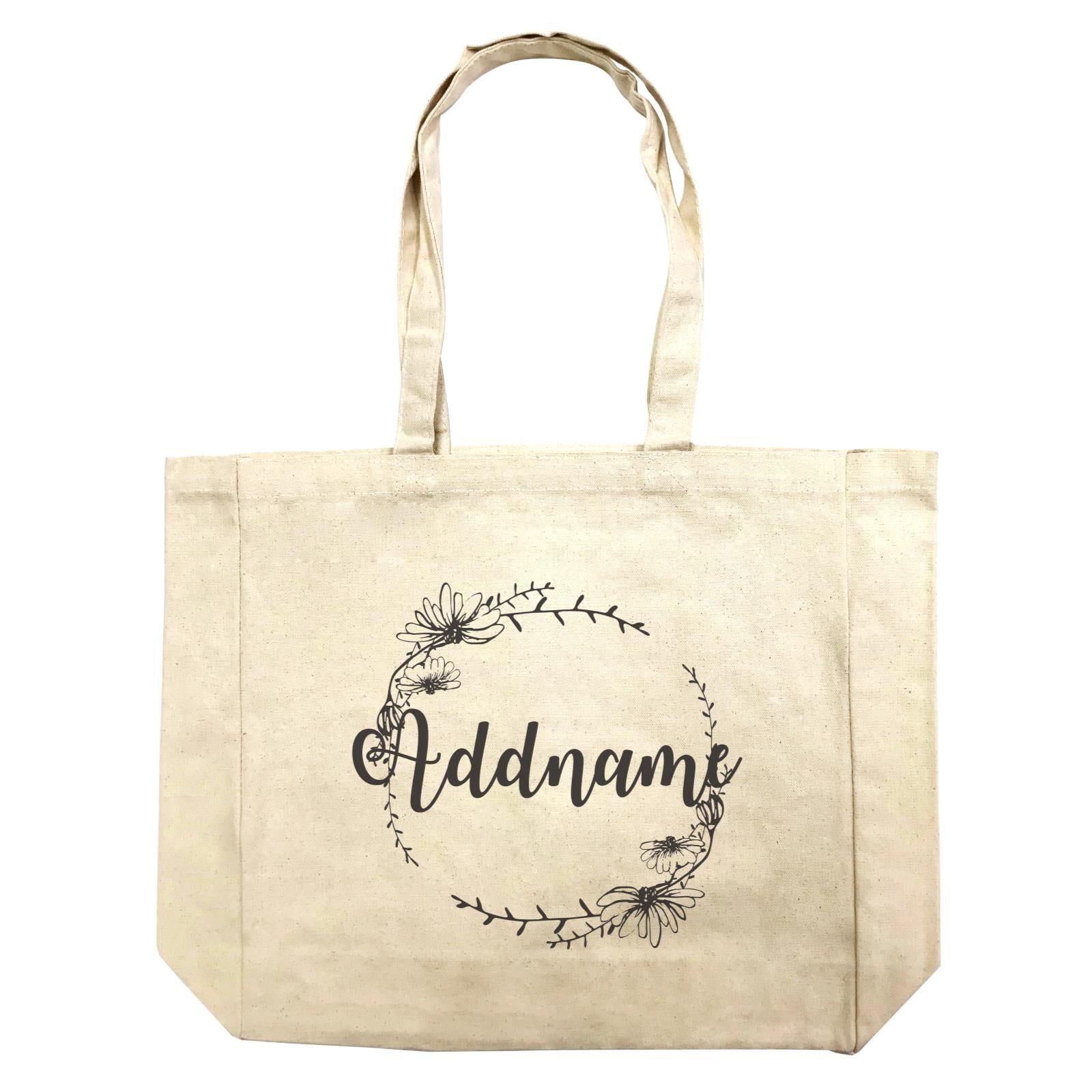 Bridesmaid Monochrome Floral and Leaves Wreath Addname Shopping Bag