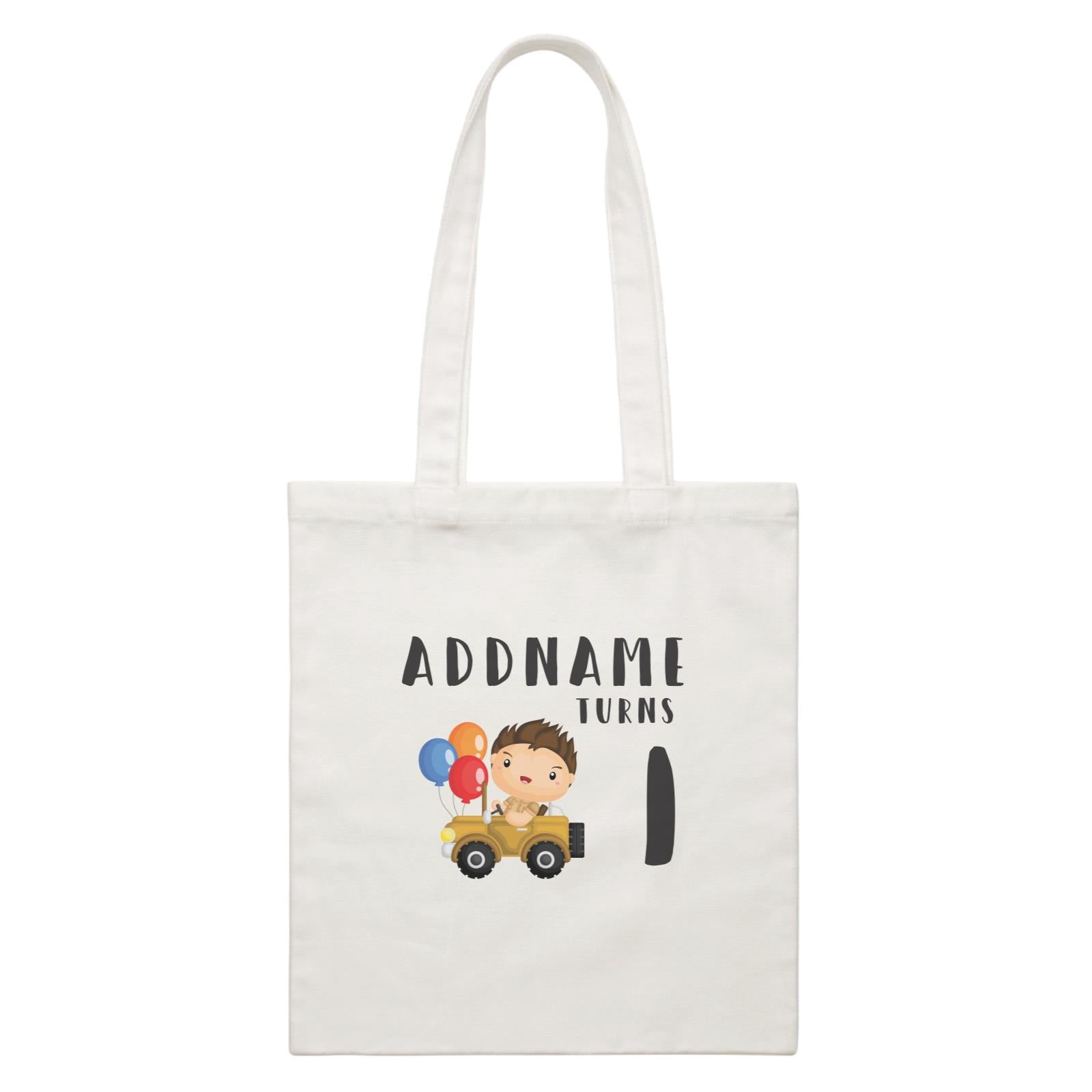 Birthday Safari Explorer Boy Driving Jeep Car Addname Turns 1 White Canvas Bag