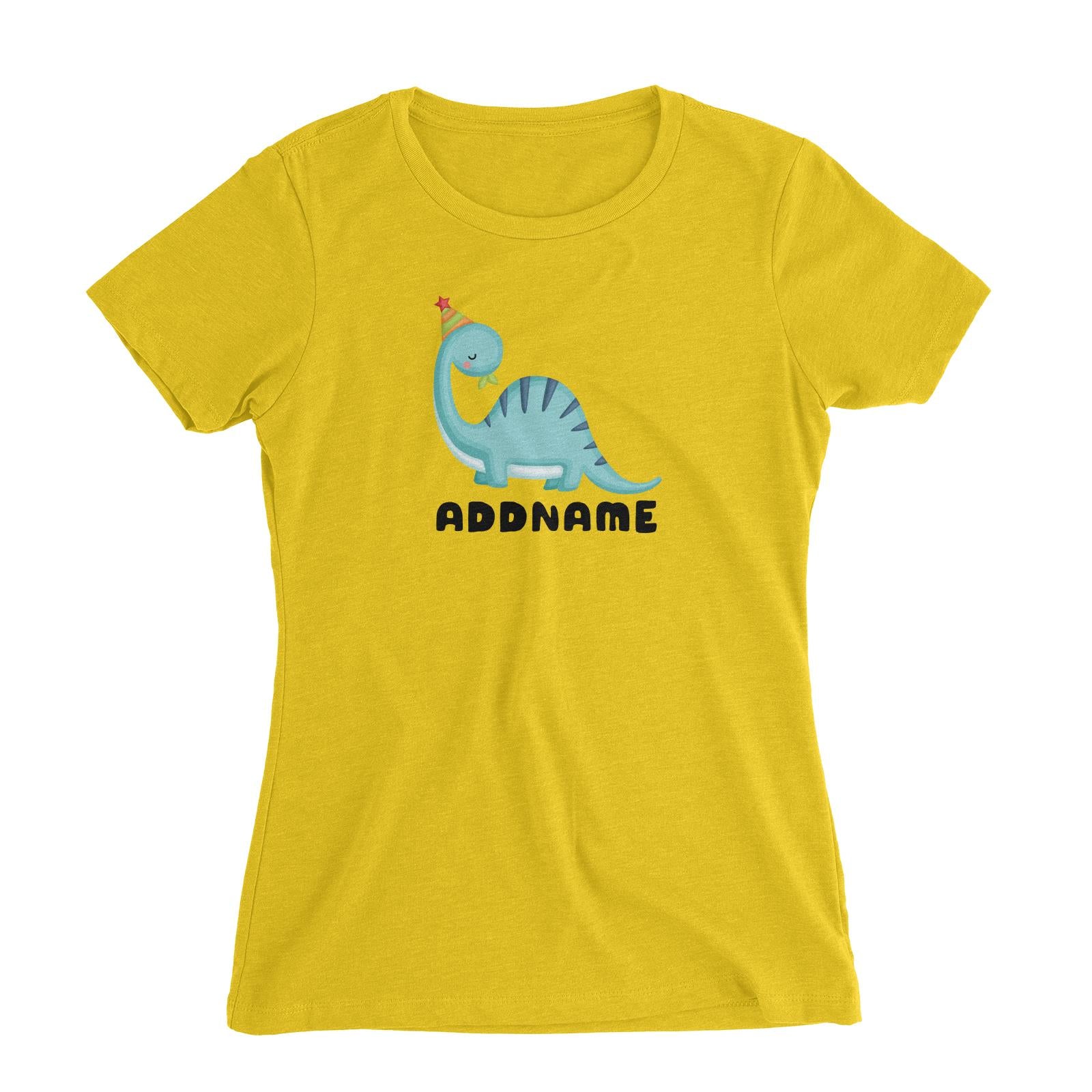 Birthday Dinosaur Happy Blue Long Neck With Party Hat Addname Women's Slim Fit T-Shirt