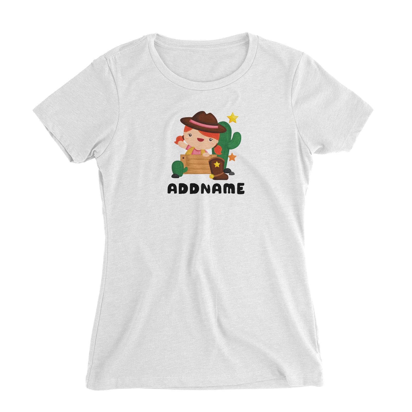 Birthday Cowboy Style Little Cowgirl Playing Wooden Box Addname Women's Slim Fit T-Shirt