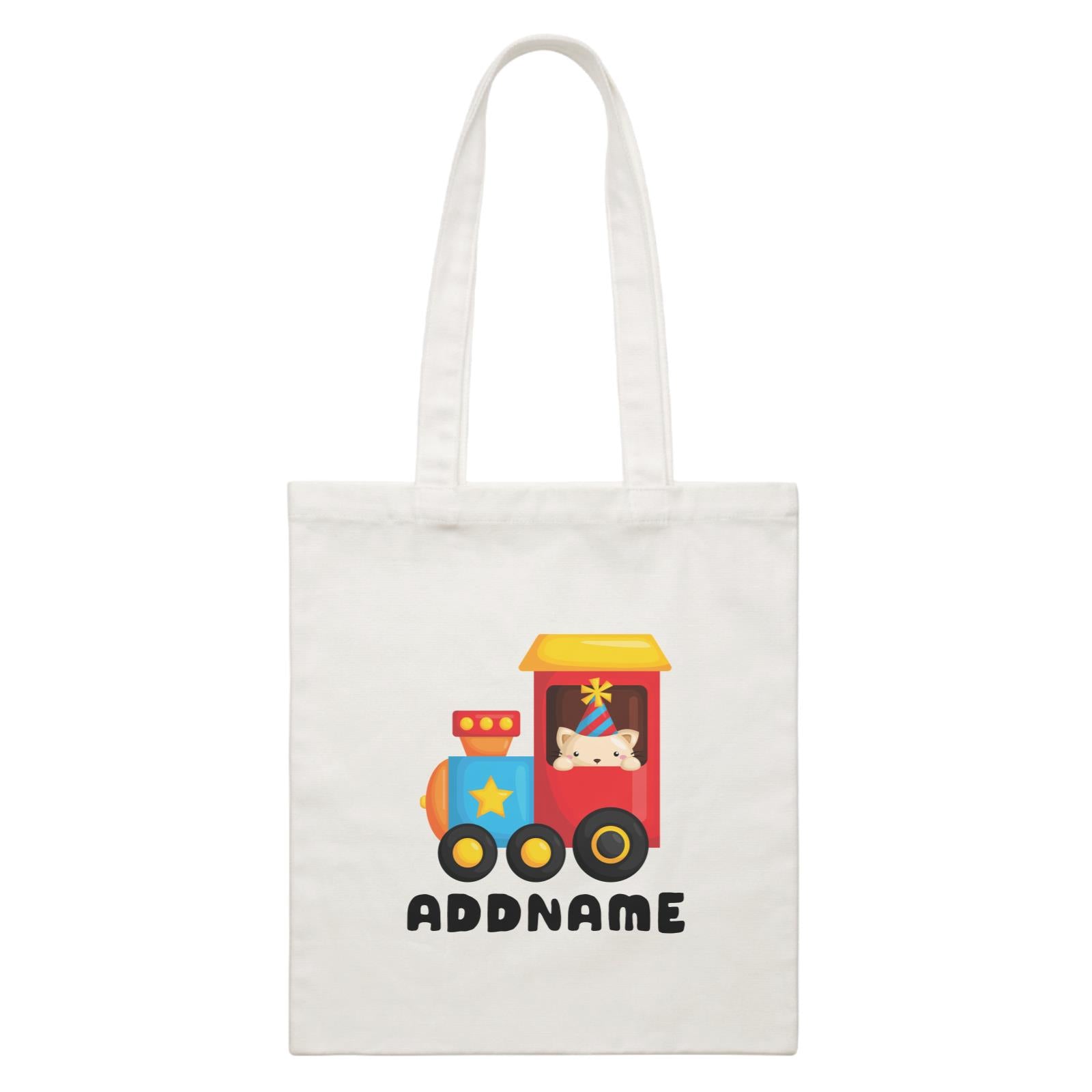 Birthday Fun Train Cat Wearing Party Hat Addname White Canvas Bag