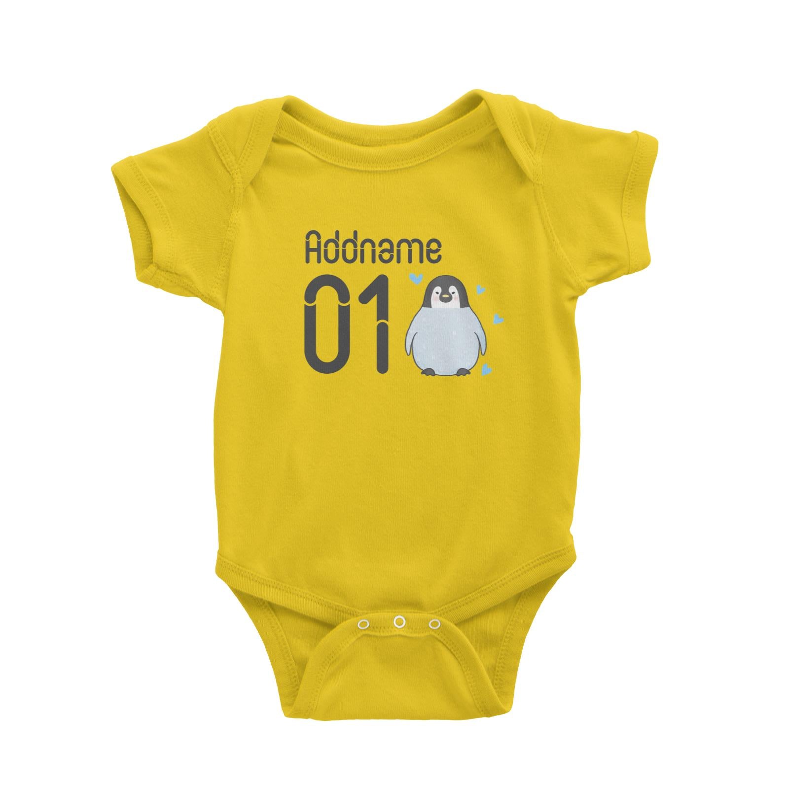 Name and Number Cute Hand Drawn Style Penguin Baby Romper