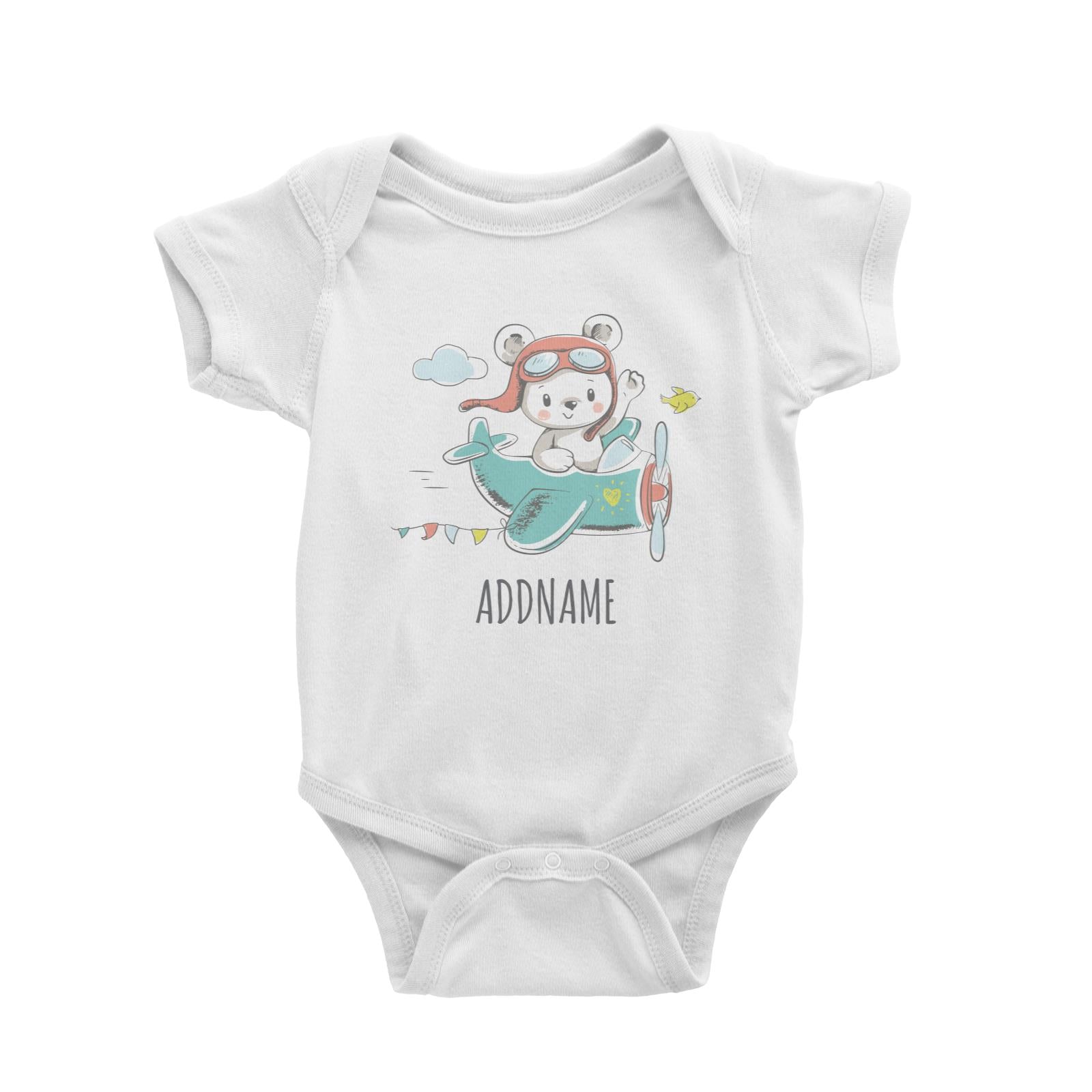 Pilot Bear on Plane White Baby Romper Personalizable Designs Cute Sweet Animal For Boys Occupation HG