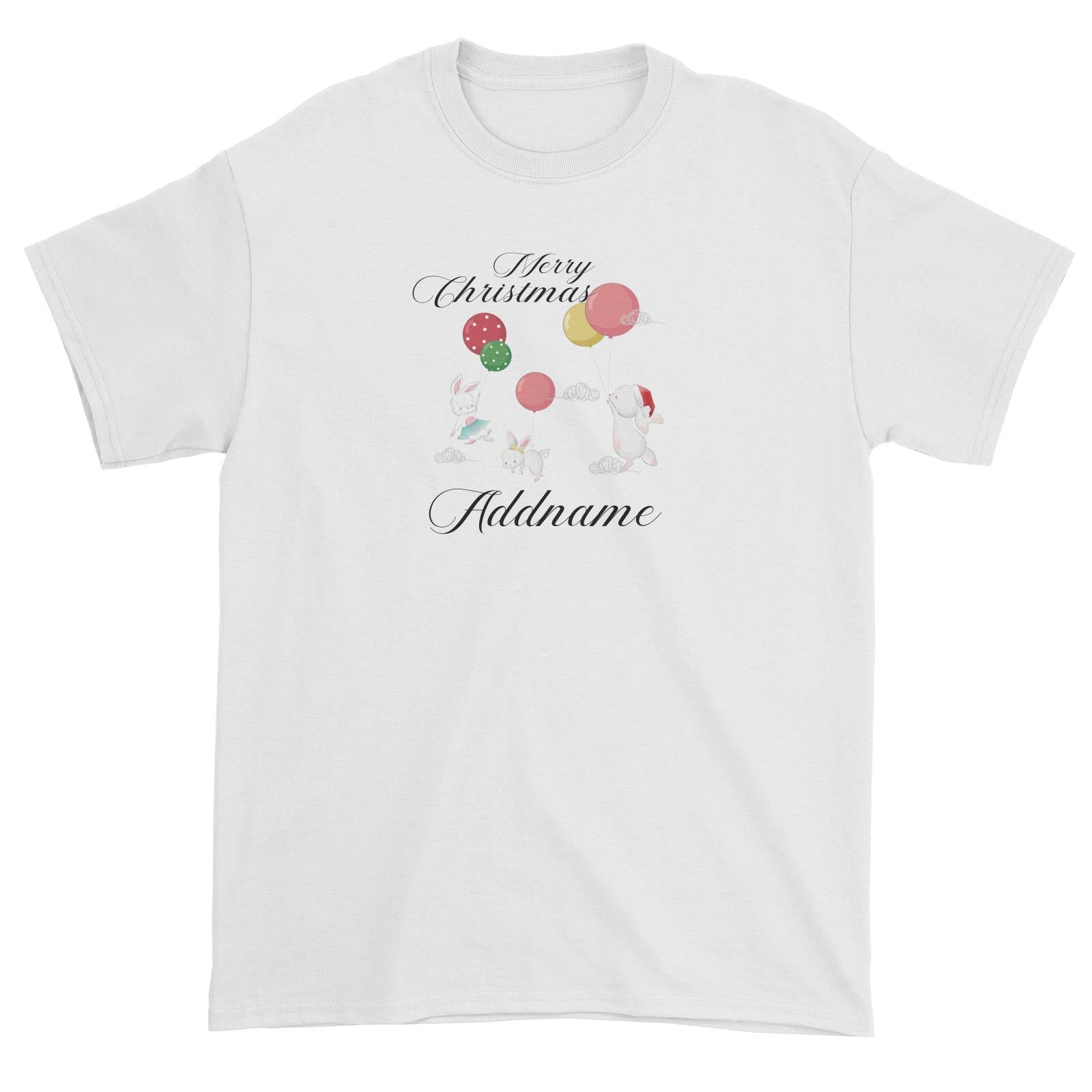 Christmas Cute Rabbits With Balloons Merry Christmas Addname Unisex T-Shirt