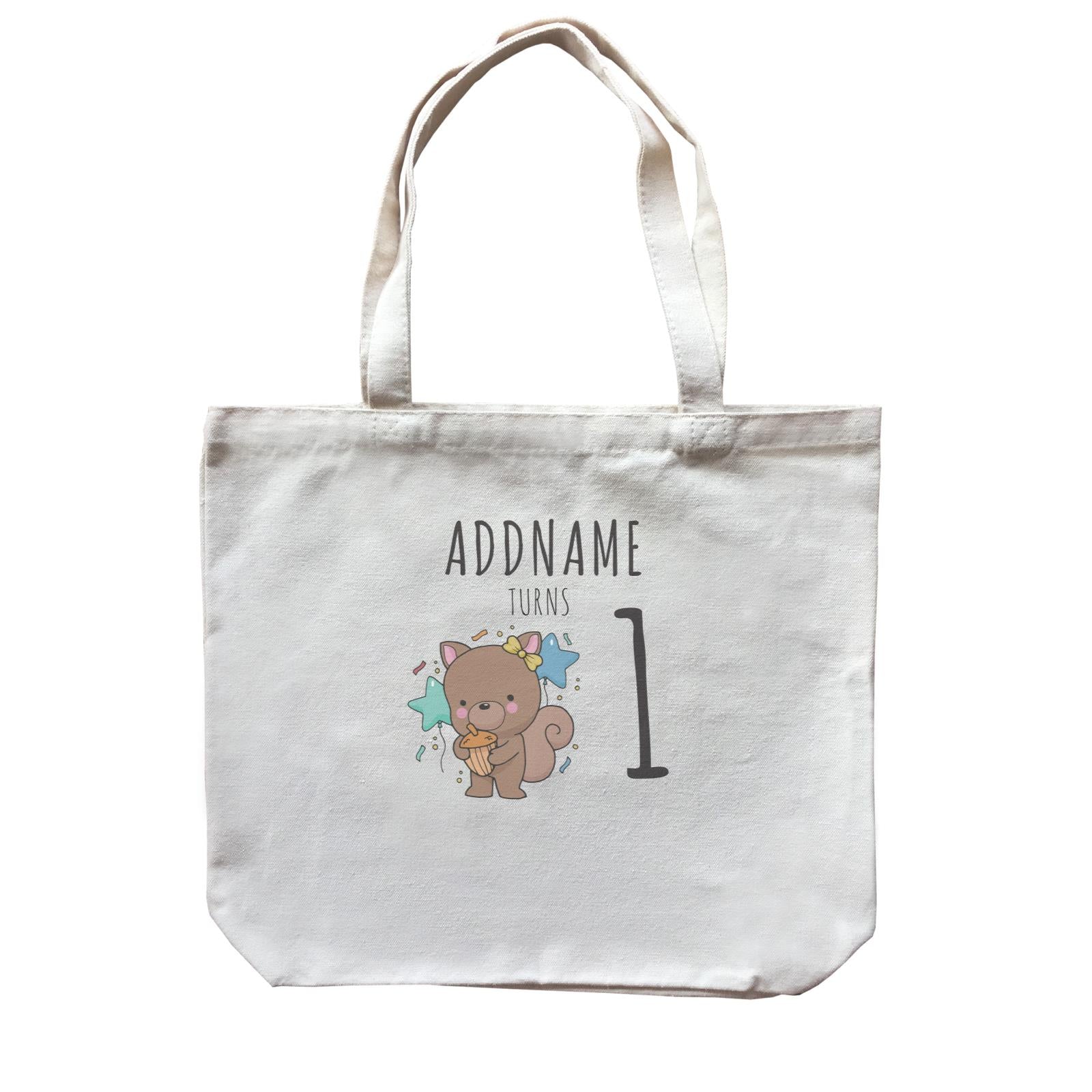 Birthday Sketch Animals Squirrel with Acorn Addname Turns 1 Canvas Bag