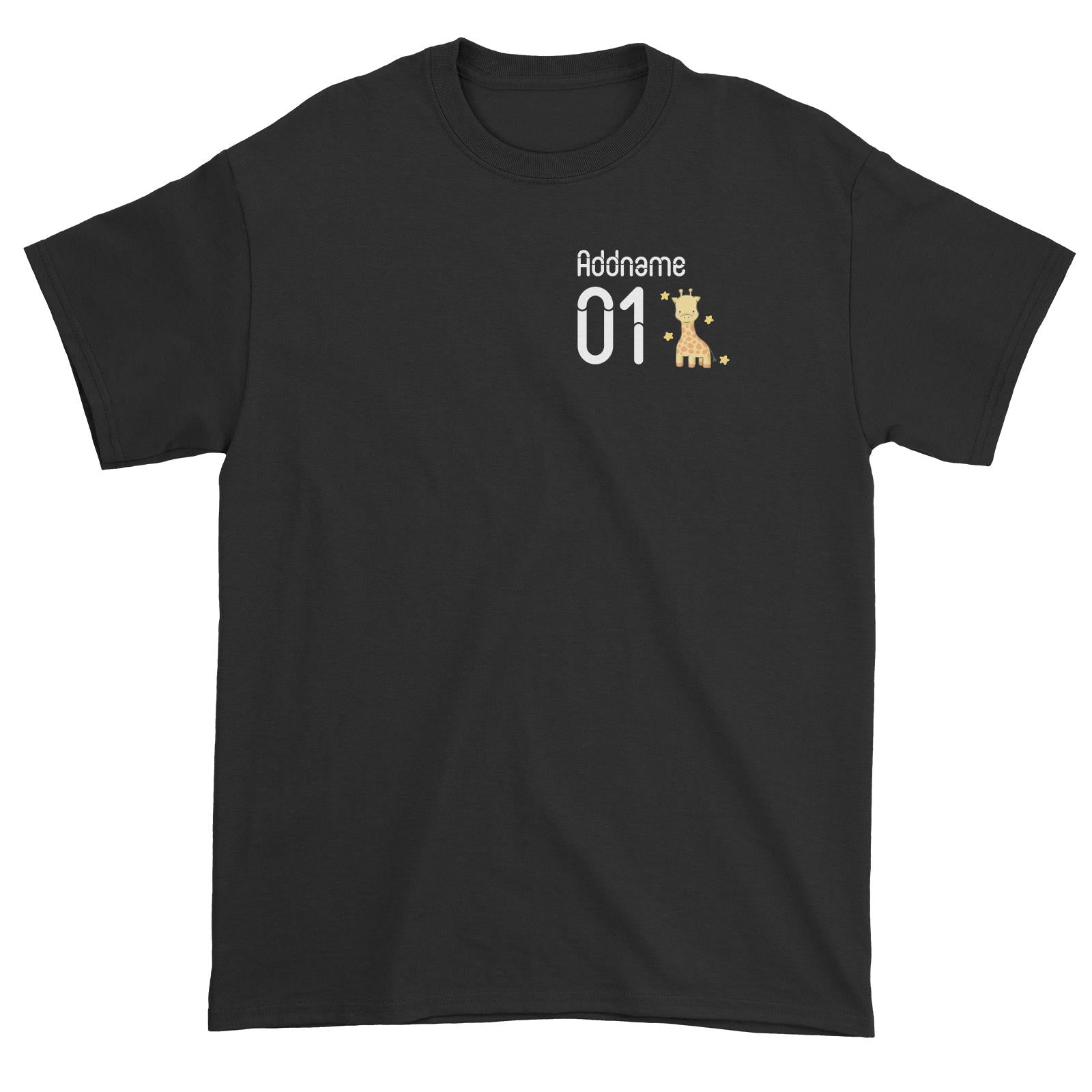 Pocket Name and Number Cute Hand Drawn Style Giraffe Unisex T-Shirt