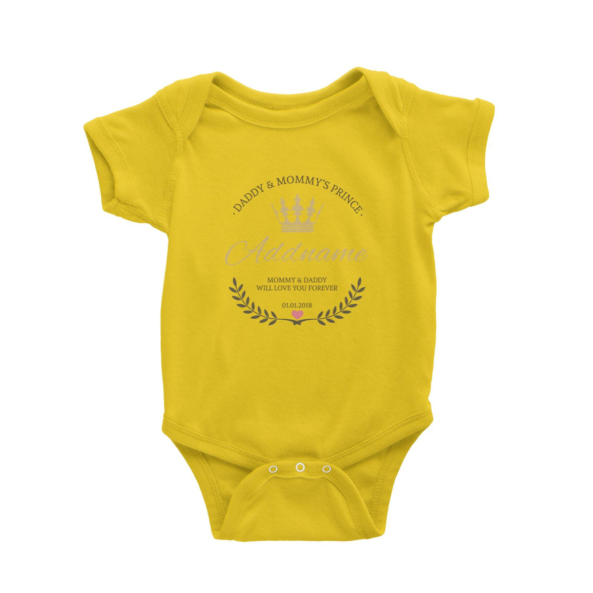 Daddy and Mommy&#39;s Prince with Crown Wreath Personalizable with Name Text and Date Baby Romper