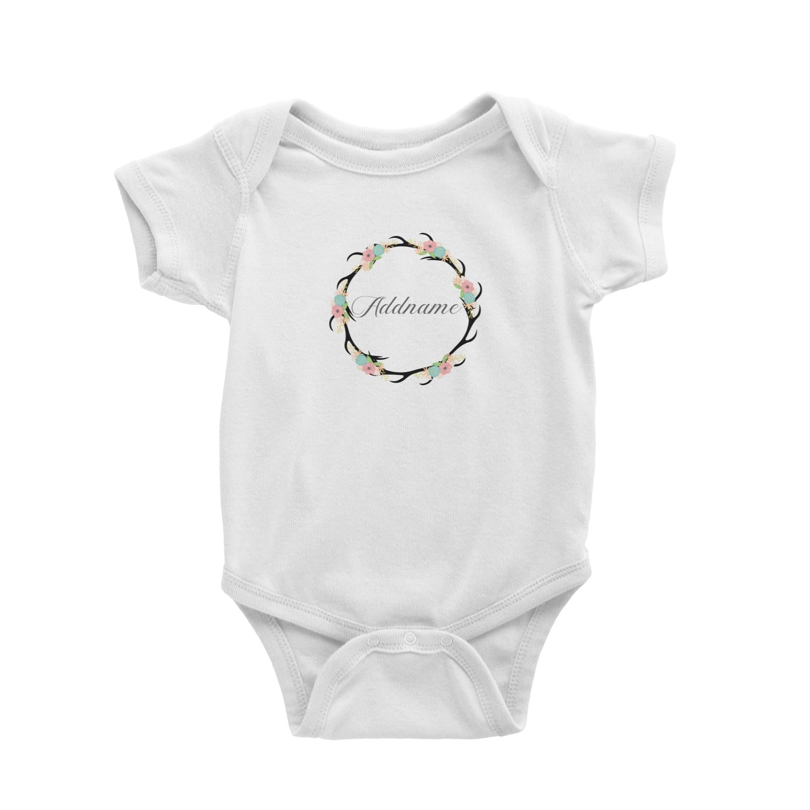 Basic Family Series Pastel Deer Flower And Antlers Wreath Addname Baby Romper