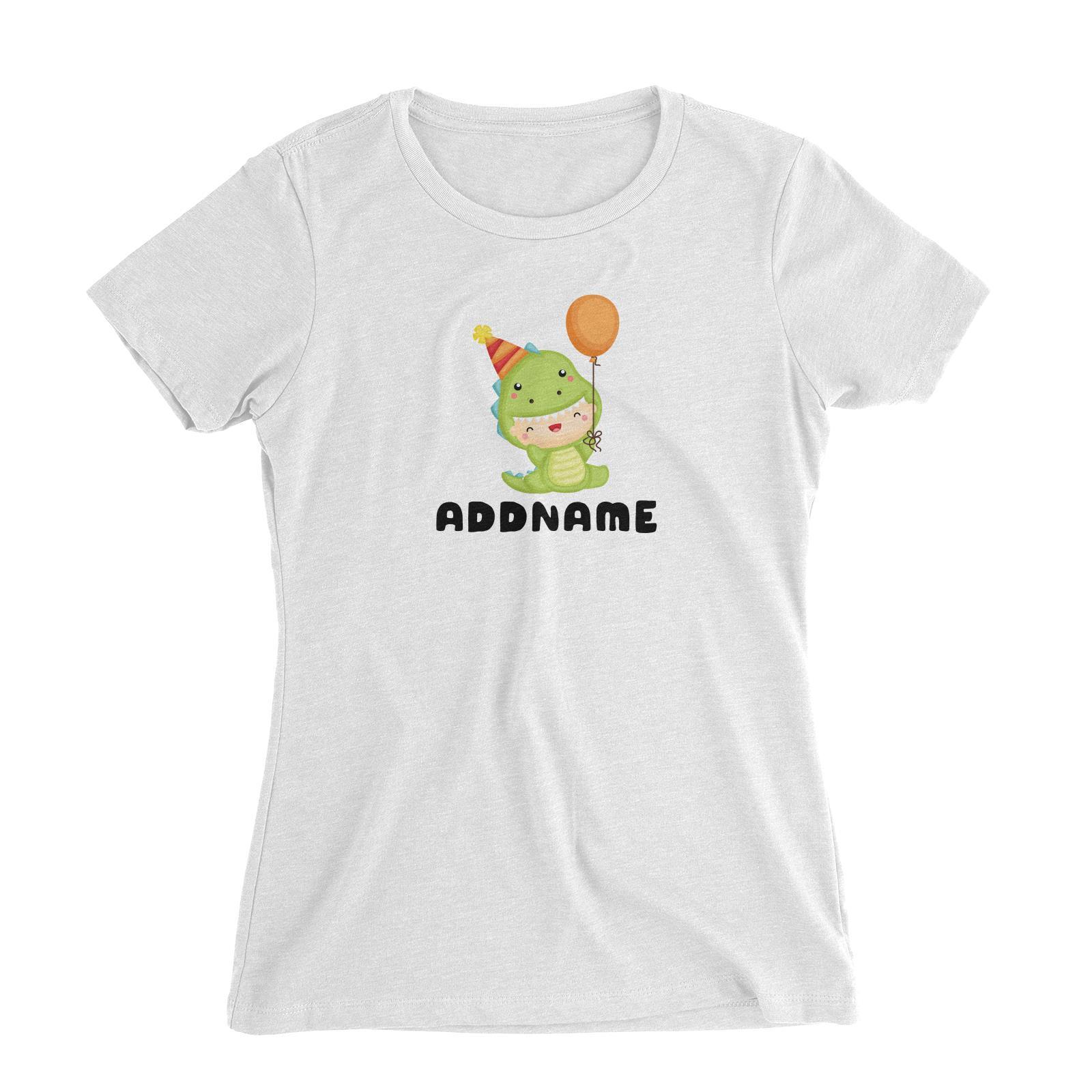 Birthday Dinosaur Happy Baby Wearing Dinosaur Suit And Party Hat Addname Women's Slim Fit T-Shirt