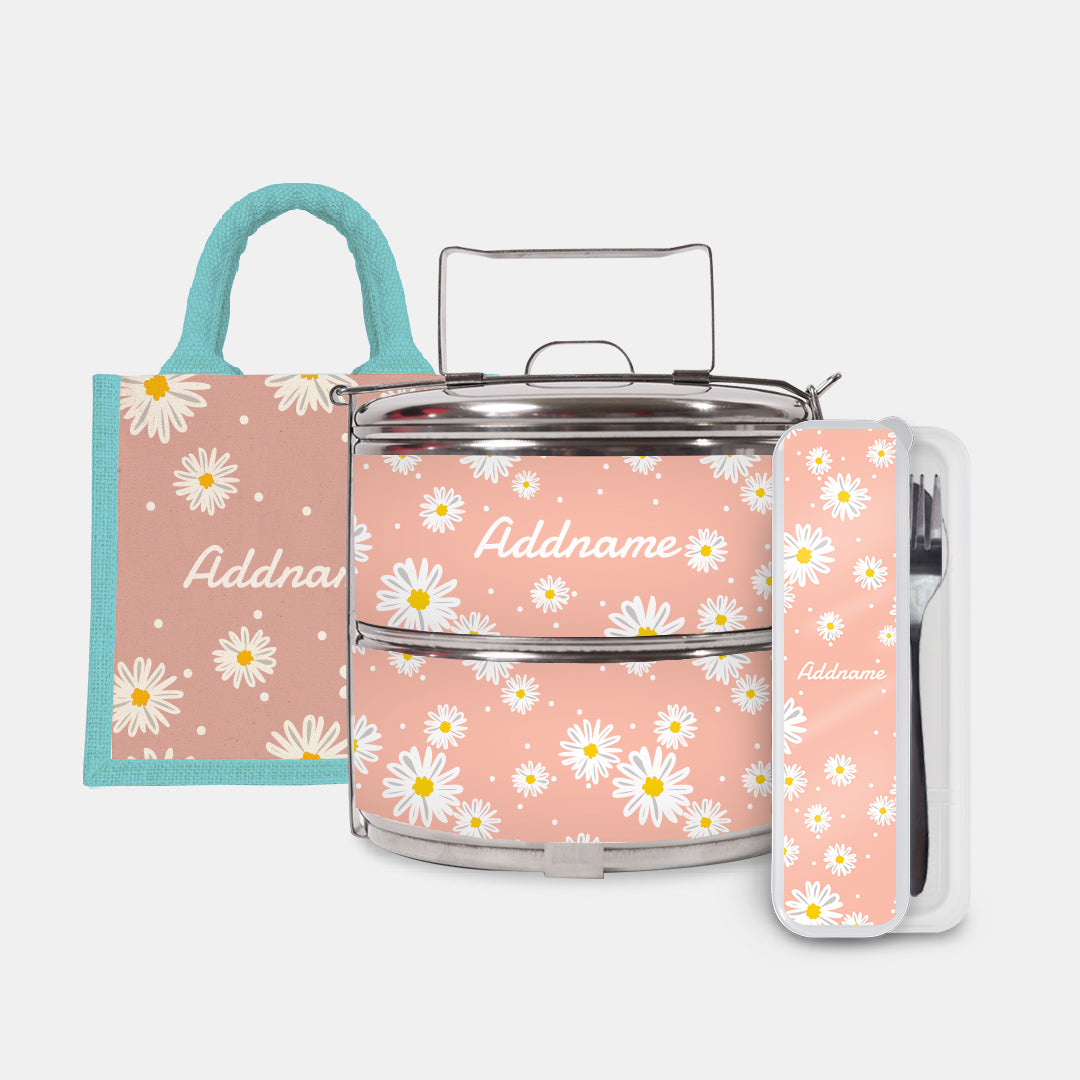 Daisy Series Half Lining Lunch Bag, Standard Two Tier Tiffin Carrier And Cutlery Set - Coral Light Blue