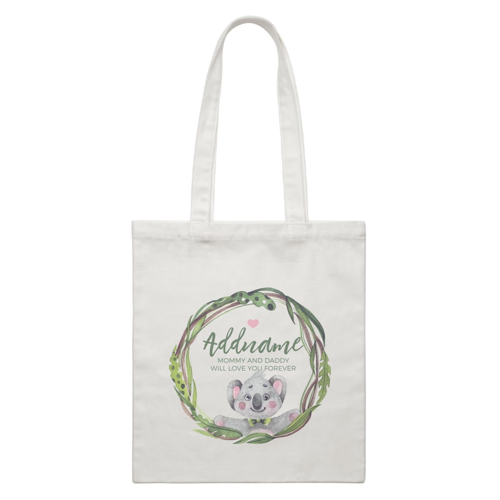 Watercolour Pink Koala Green Leaves Wreath Personalizable with Name and Text White Canvas Bag