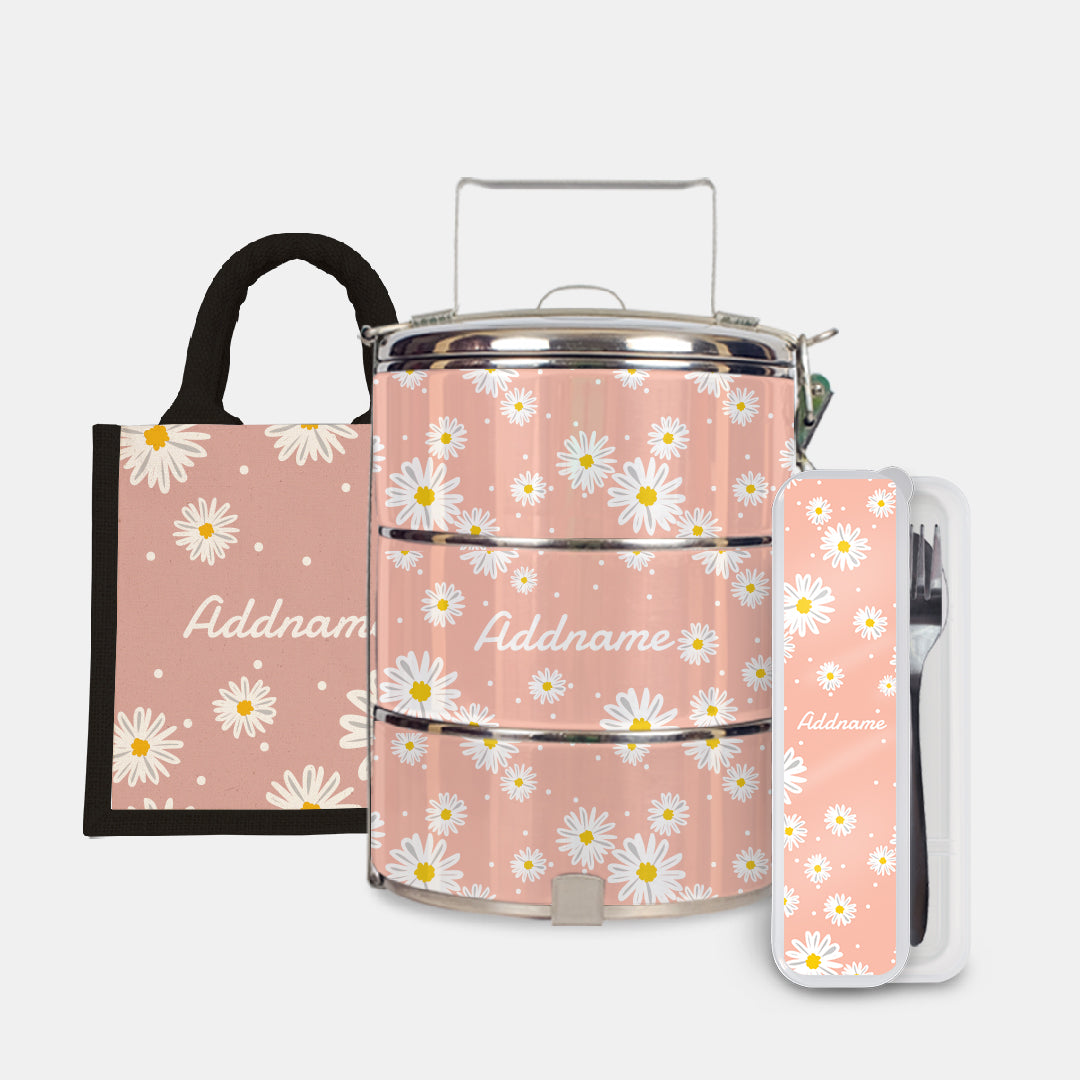 Daisy Series Half Lining Lunch Bag, Standard Tiffin Carrier And Cutlery Set - Coral Black