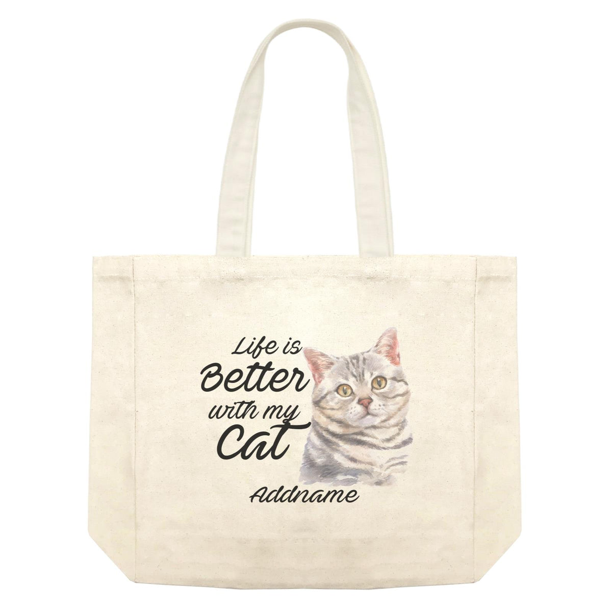 Watercolor Life is Better With My Cat Grey American Shorthair Addname Shopping Bag