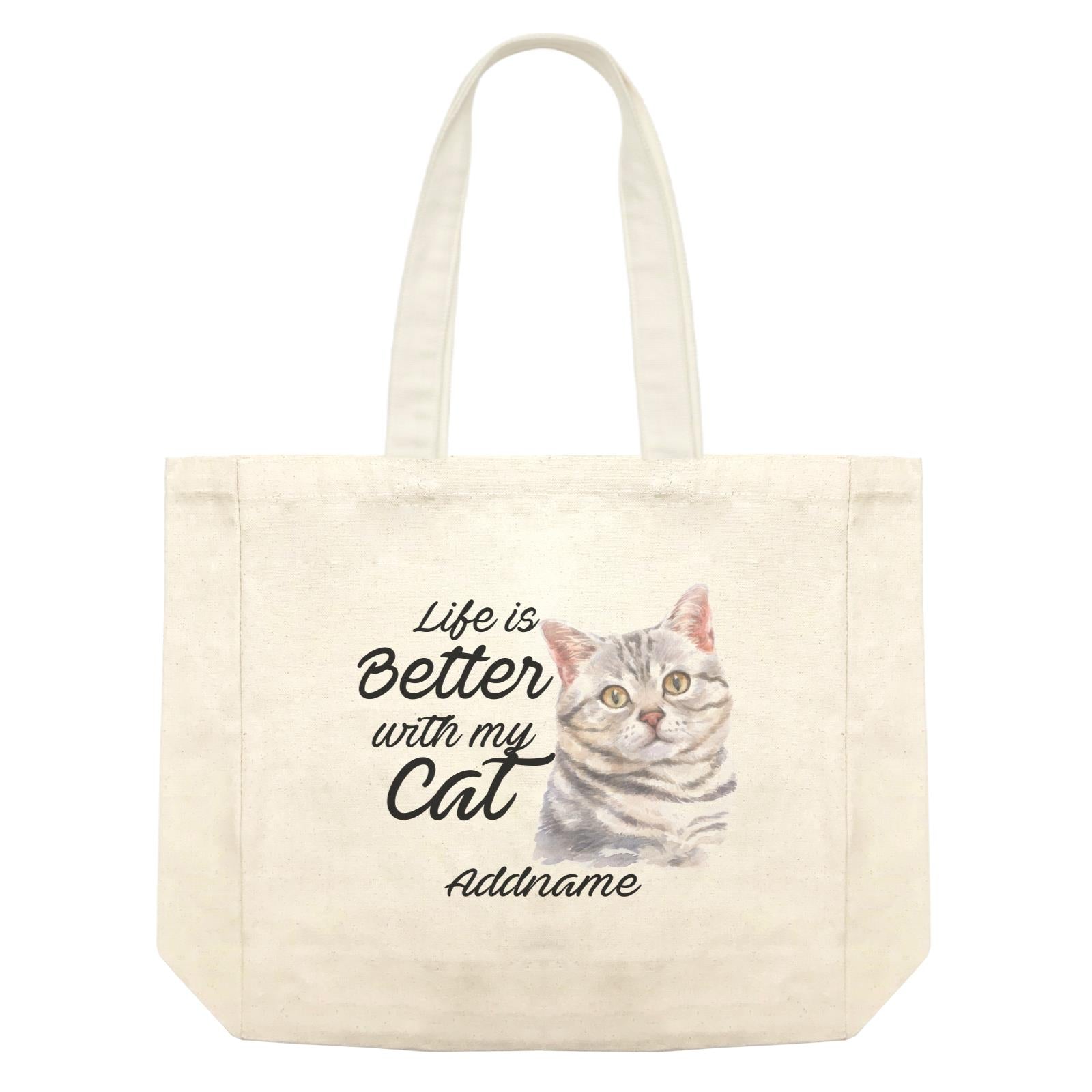 Watercolor Life is Better With My Cat Grey American Shorthair Addname Shopping Bag