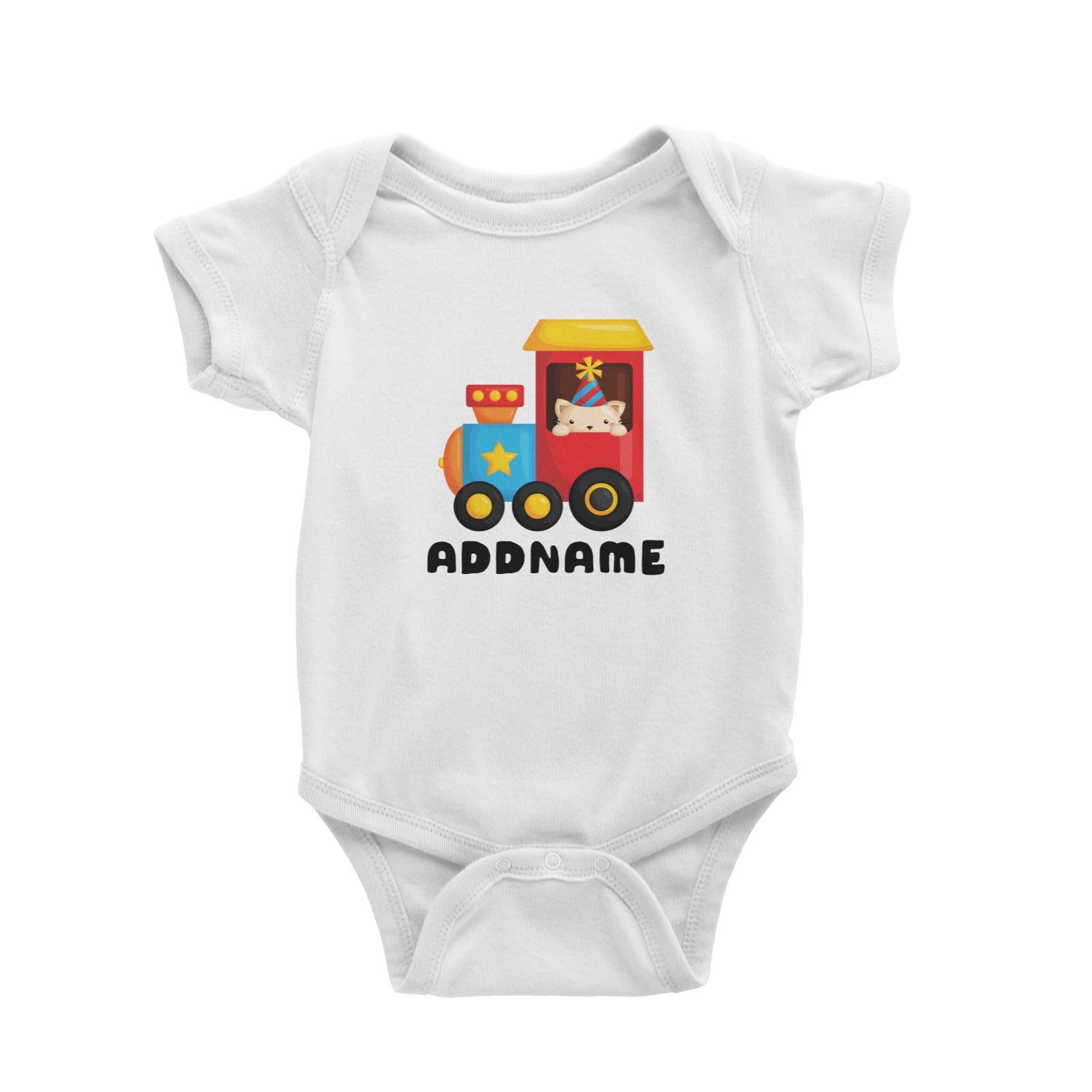 Birthday Fun Train Cat Wearing Party Hat Addname Baby Romper