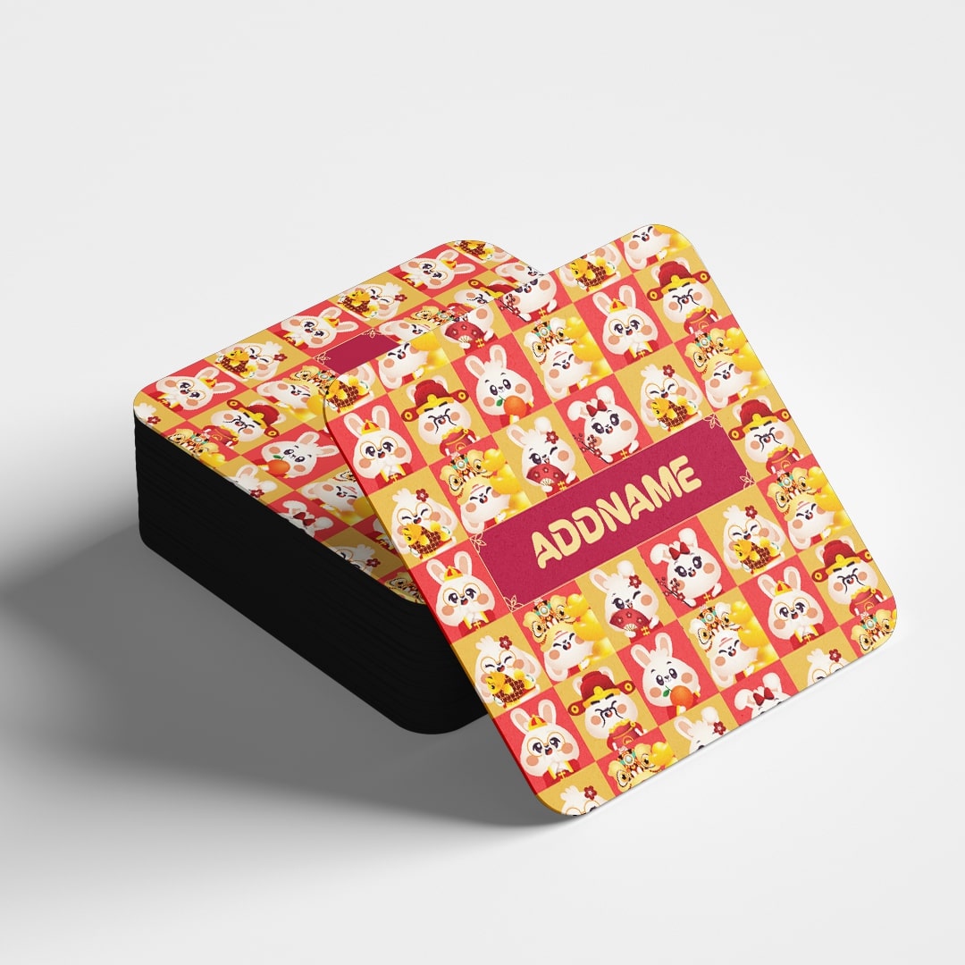 Cny Rabbit Family - Rabbit Family Red Coaster With English Personalization