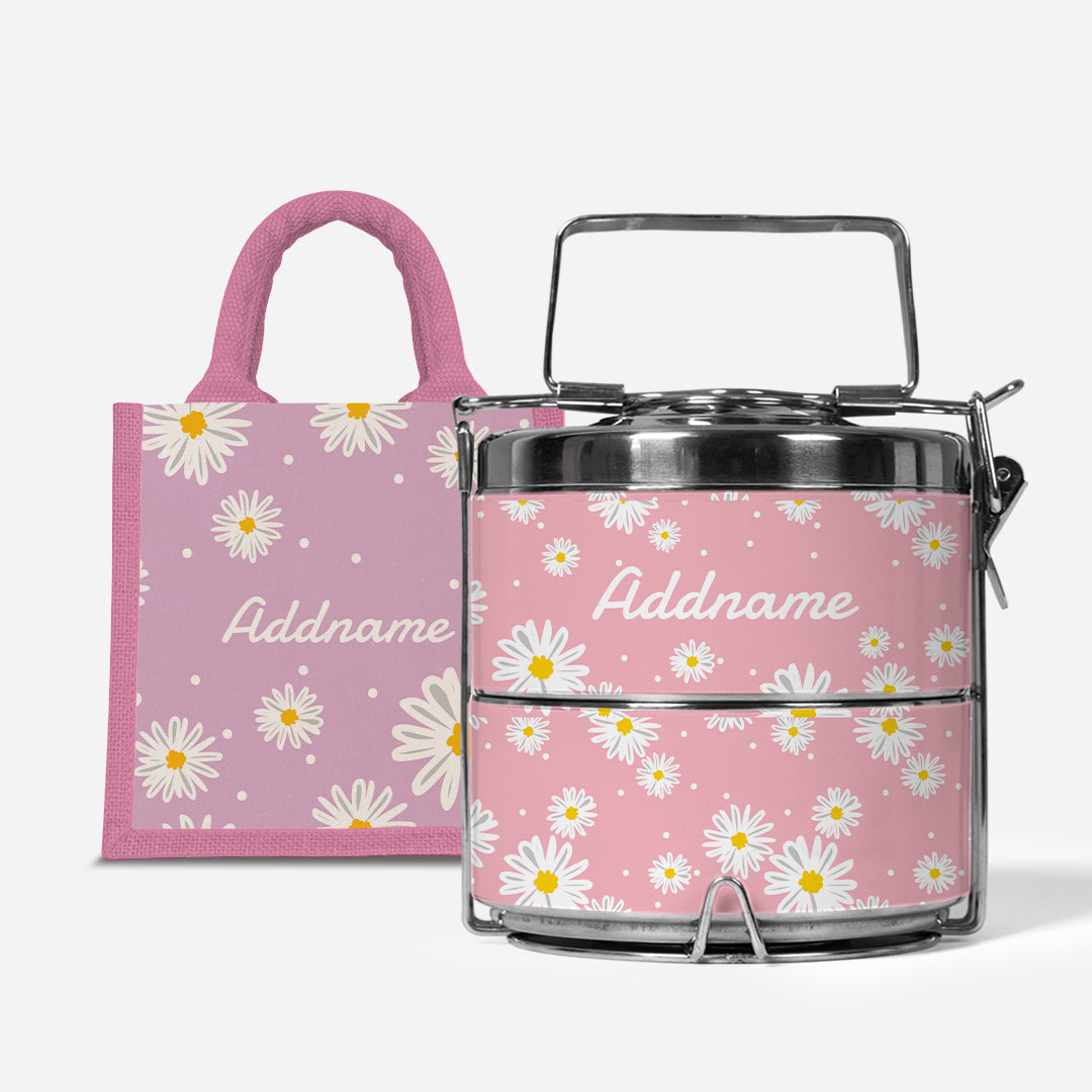 Daisy Series Half Lining Lunch Bag Wtih Premium Two Tier Tiffin Carrier - Blush