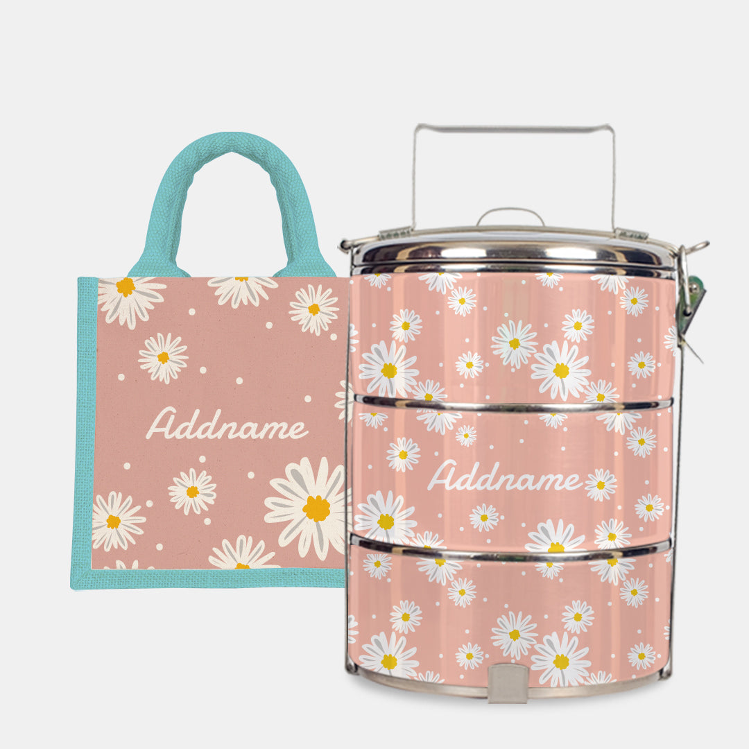Daisy Series Half Lining Lunch Bag Wtih Standard Tiffin Carrier - Coral Light Blue