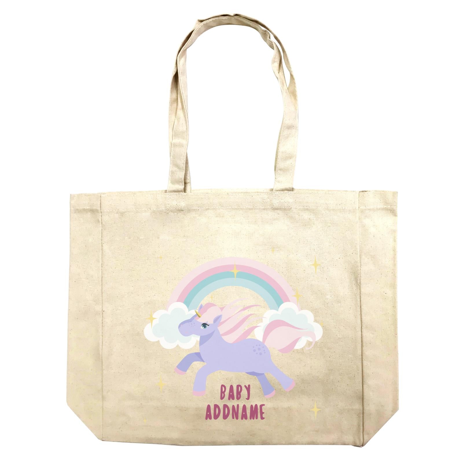 Purple Unicorn Galloping with Rainbow and Baby Addname Shopping Bag