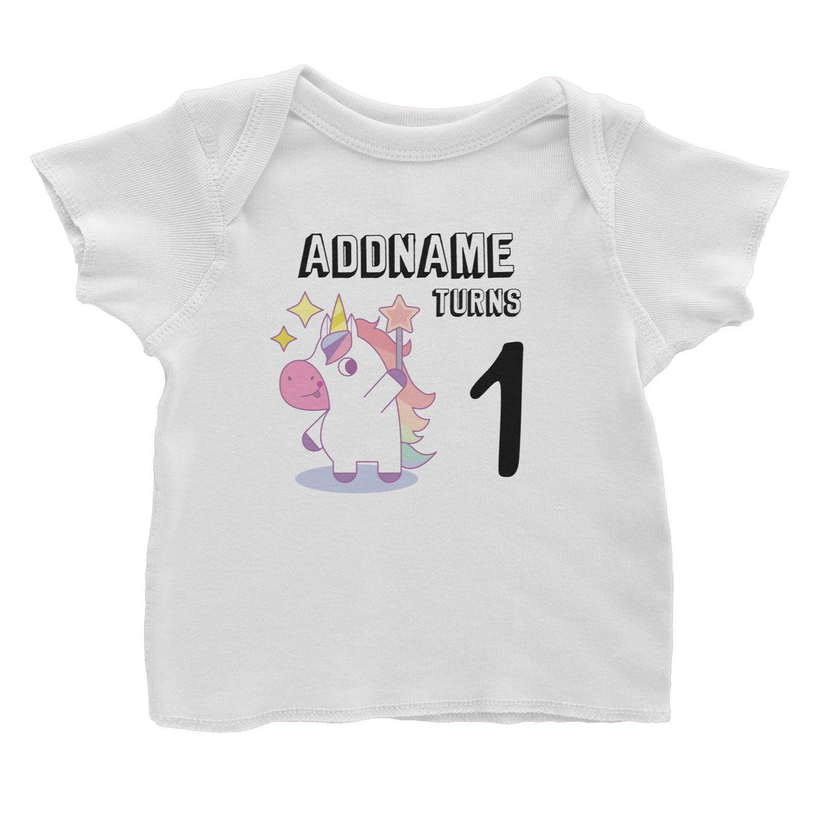 Birthday Unicorn Girl With Magic Wand Addname Turns 1 Baby T-Shirt