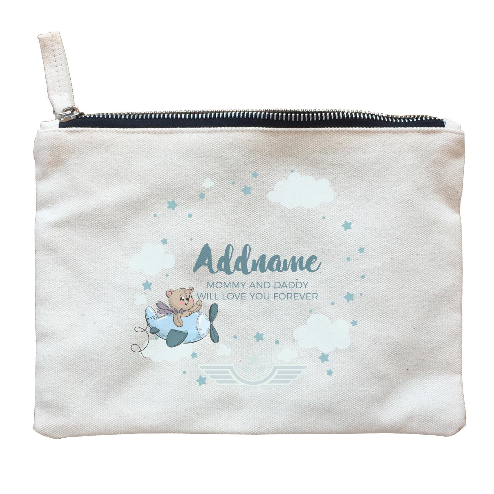 Cute Bear Pilot in Blue Plane Clouds and Stars Element Personalizable with Name and Text Zipper Pouch
