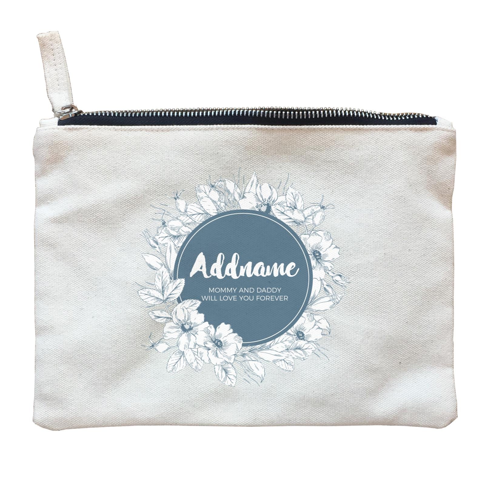 Navy Blue Flower Wreath Personalizable with Name and Text Zipper Pouch