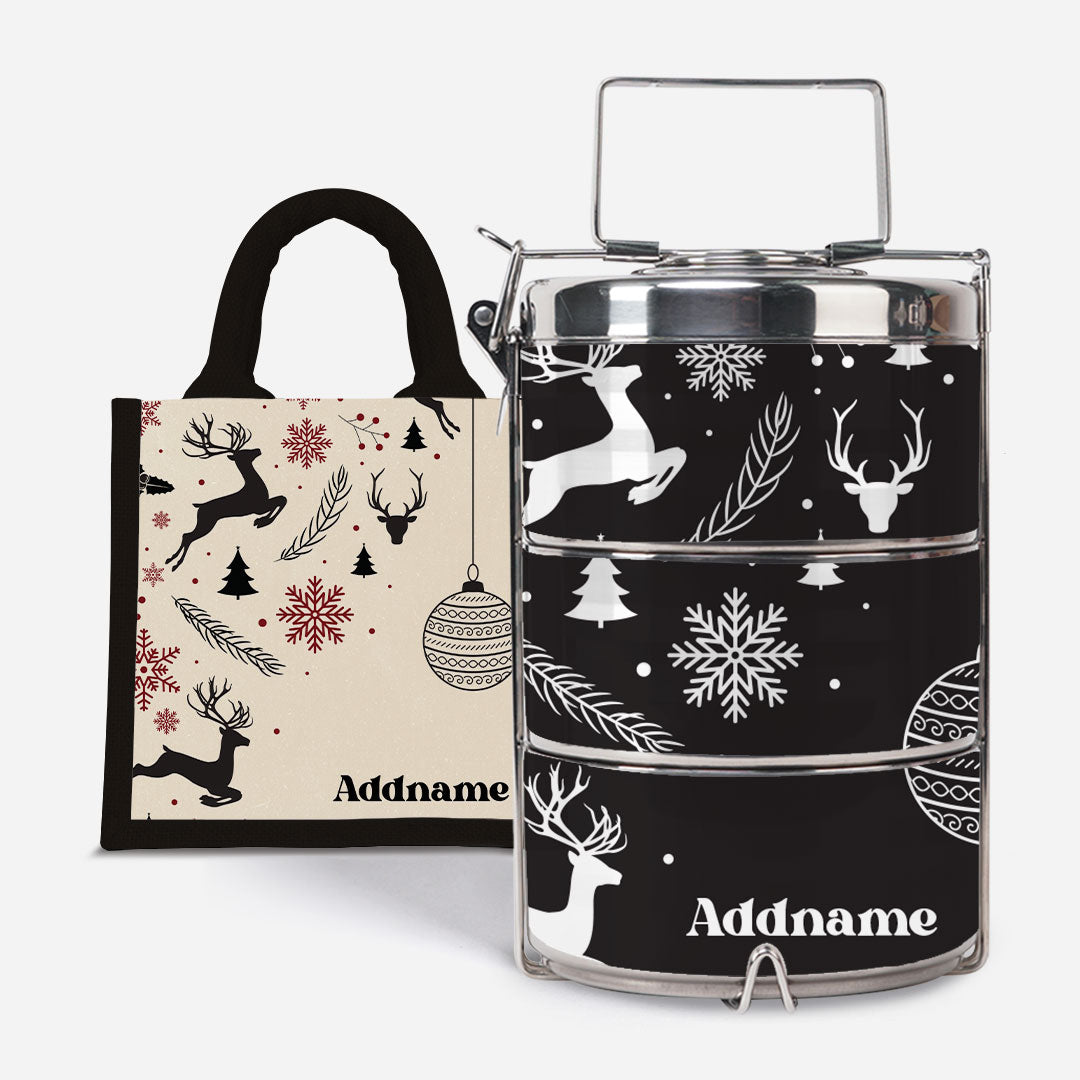 Christmas Series Premium Tiffin with Half Lining Lunch Bag Jubilant Reindeers Black