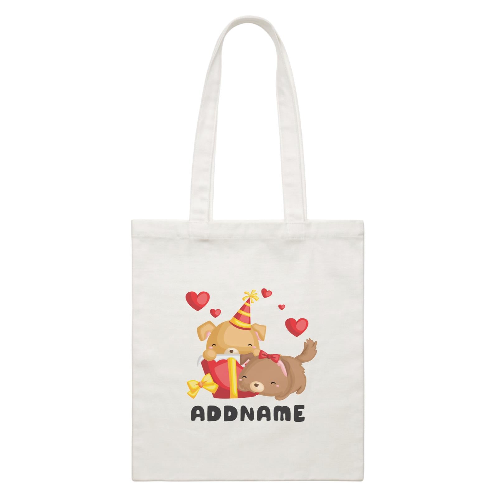 Birthday Friendly Animals Happy Two Dogs Open Present Addname White Canvas Bag