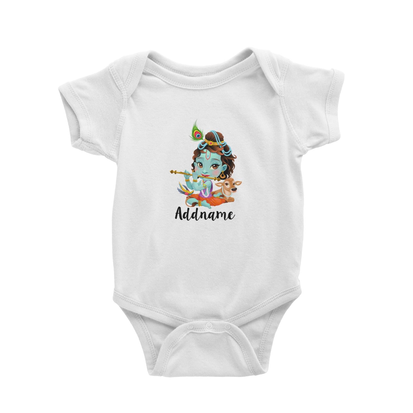 Artistic Krishna Playing Flute with Cow Addname Baby Romper