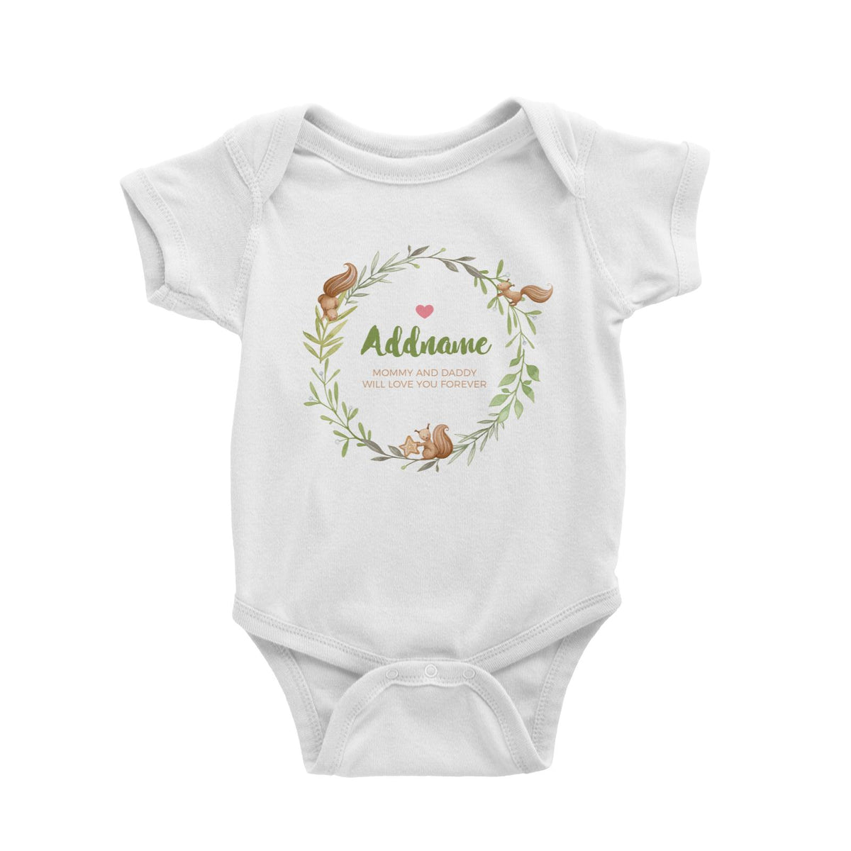 Watercolour Squirrels Green Wreath Personalizable with Name and Text Baby Romper