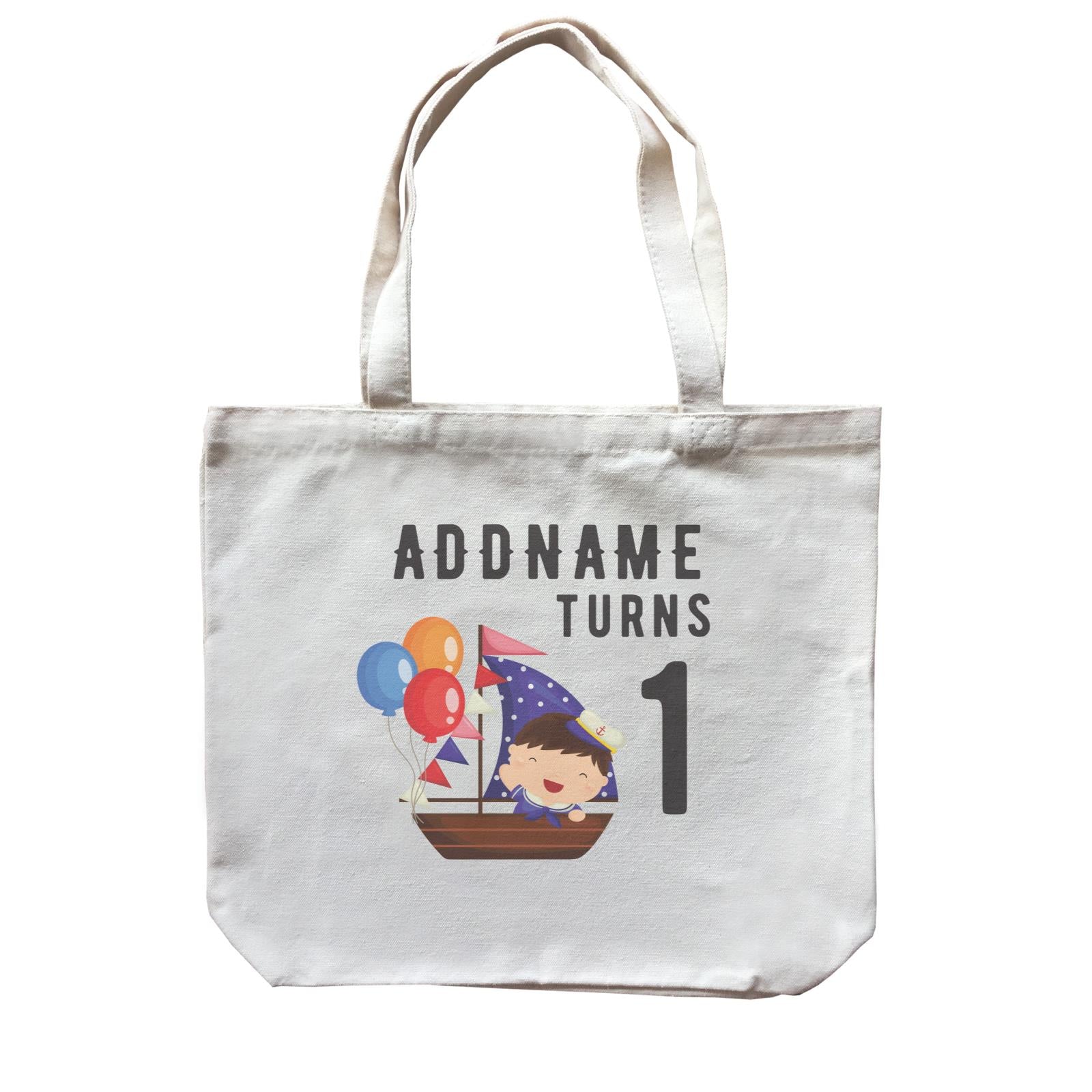 Birthday Sailor Baby Boy In Ship With Balloon Addname Turns 1 Canvas Bag
