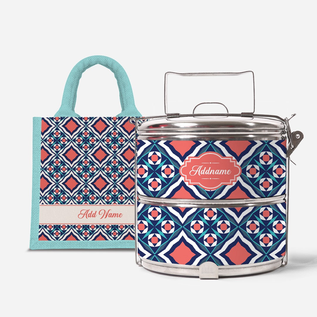 Moroccan Series Standard Two Tier Tiffin With Half Lining Lunch Bag  - Chihab Light Blue