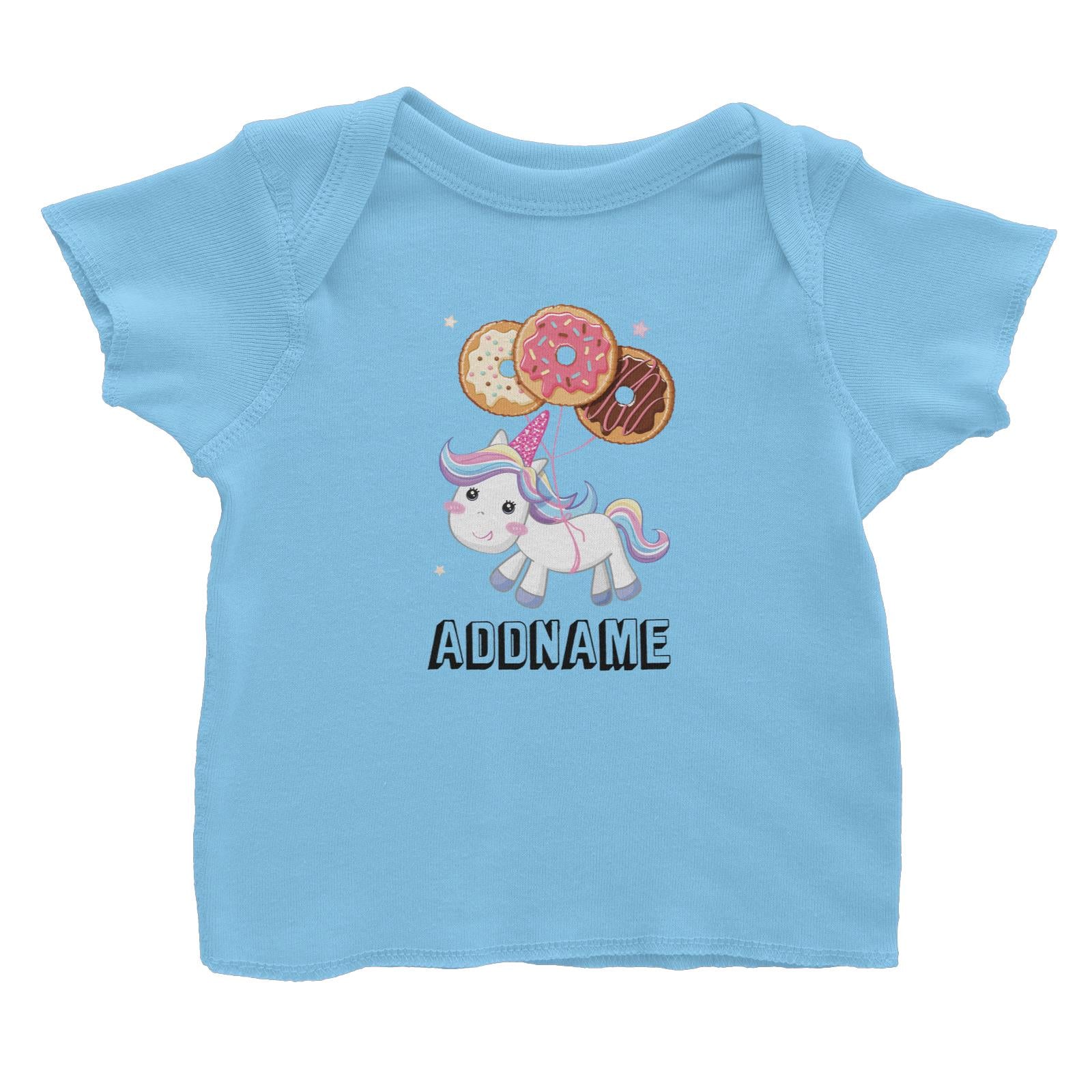 Birthday Unicorn Flying Donuts Balloon In Air Addname Baby T-Shirt