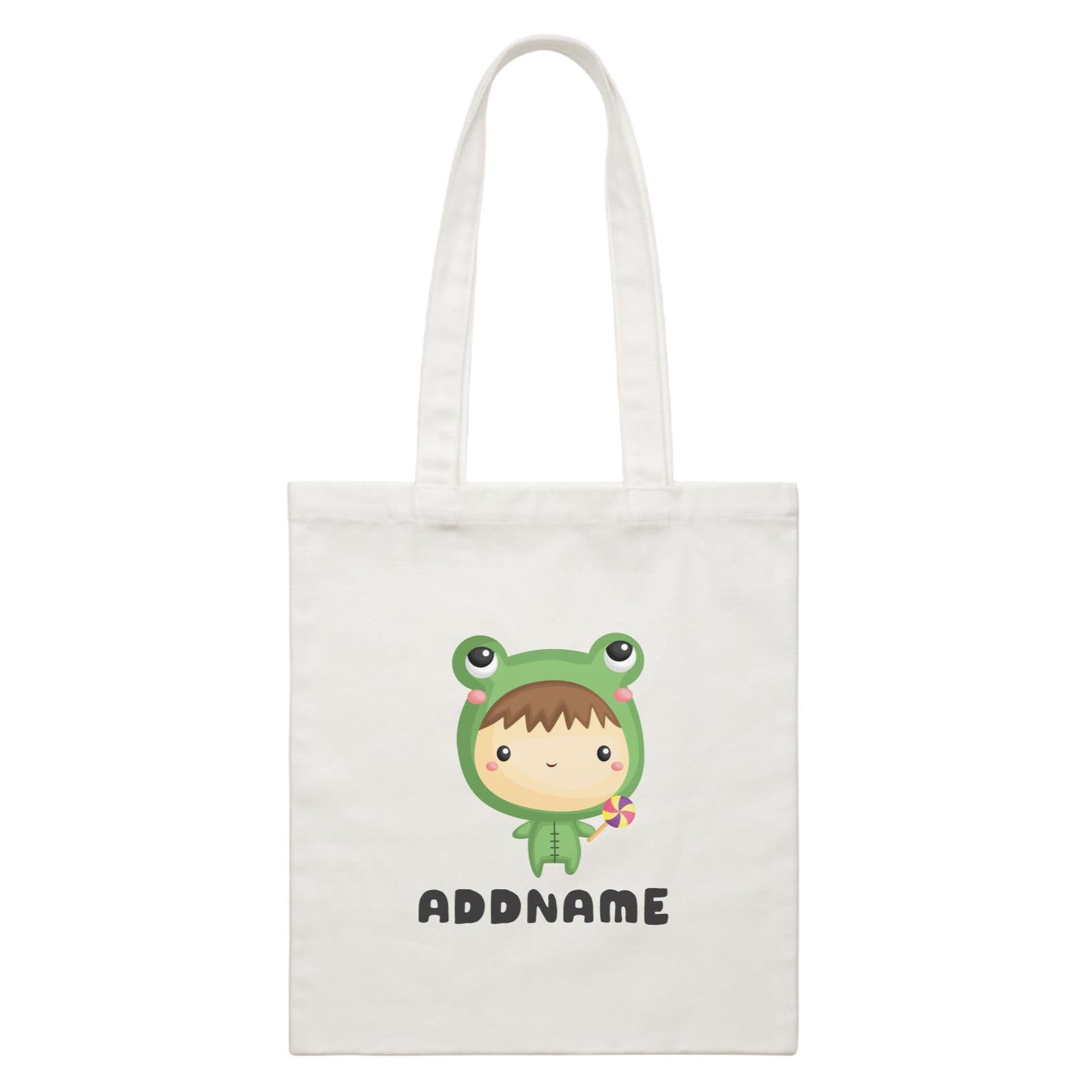 Birthday Frog Baby Boy Wearing Frog Suit Holding Lolipop Addname White Canvas Bag