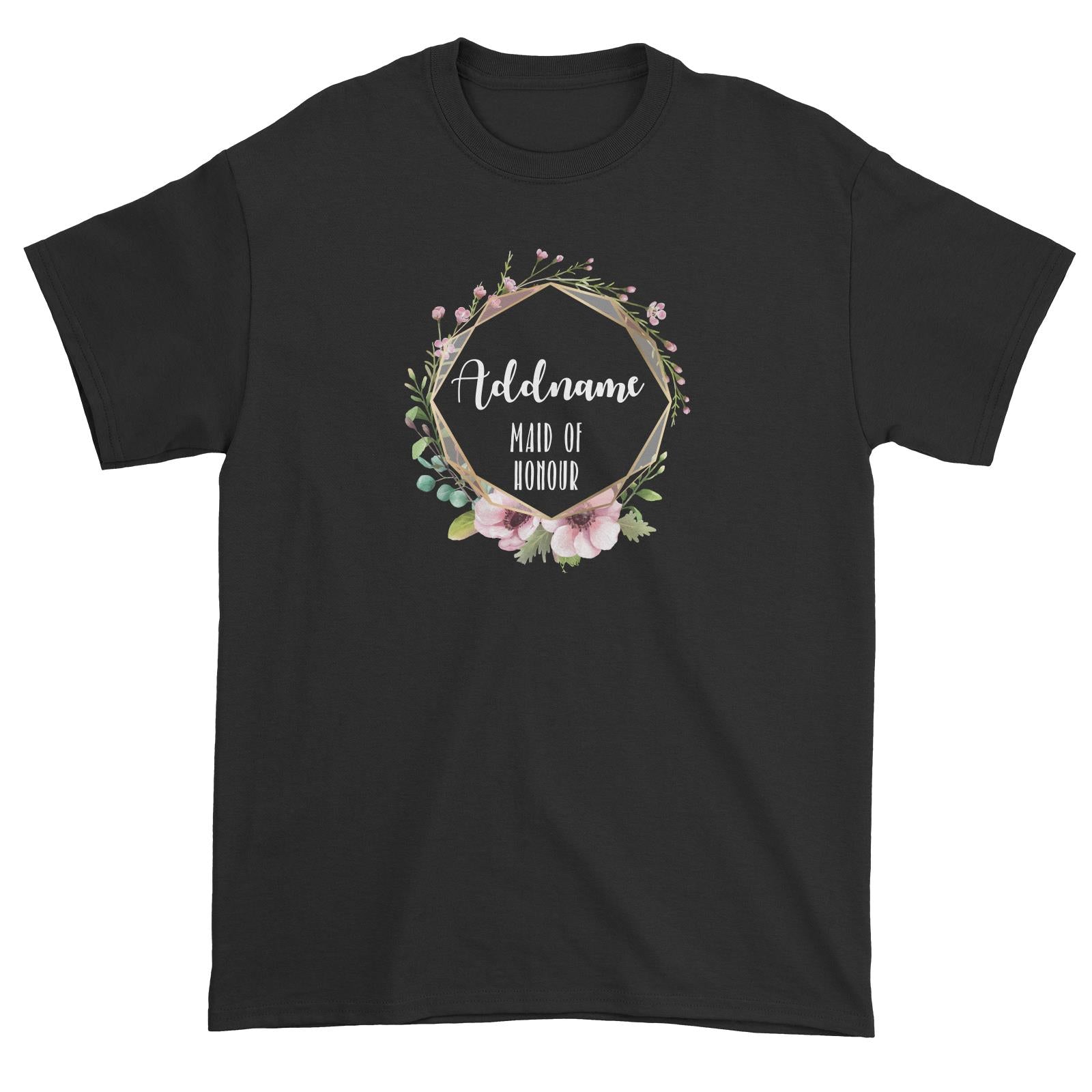 Bridesmaid Floral Modern Pink with Geometric Frame Maid of Honour Addname Unisex T-Shirt