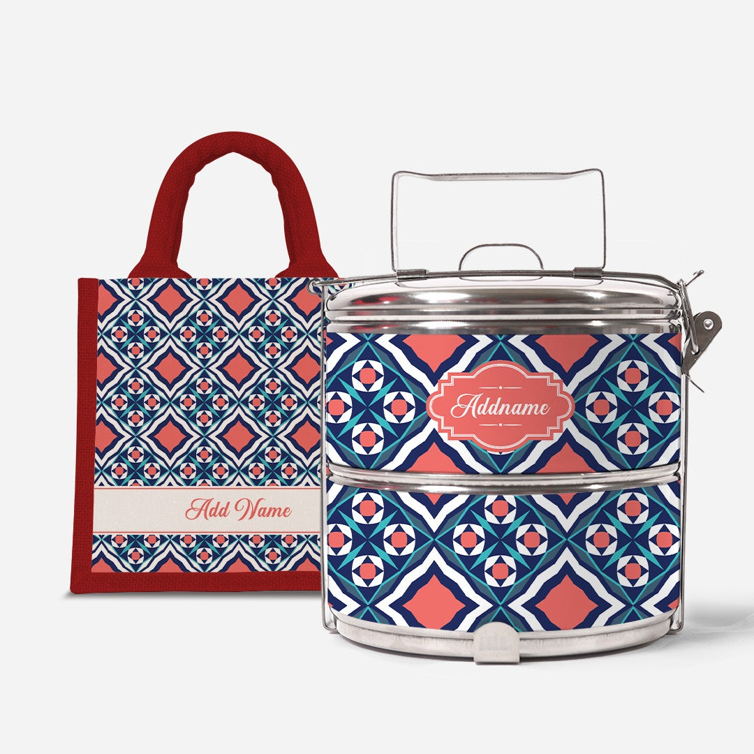 Moroccan Series Standard Two Tier Tiffin With Half Lining Lunch Bag  - Chihab Red