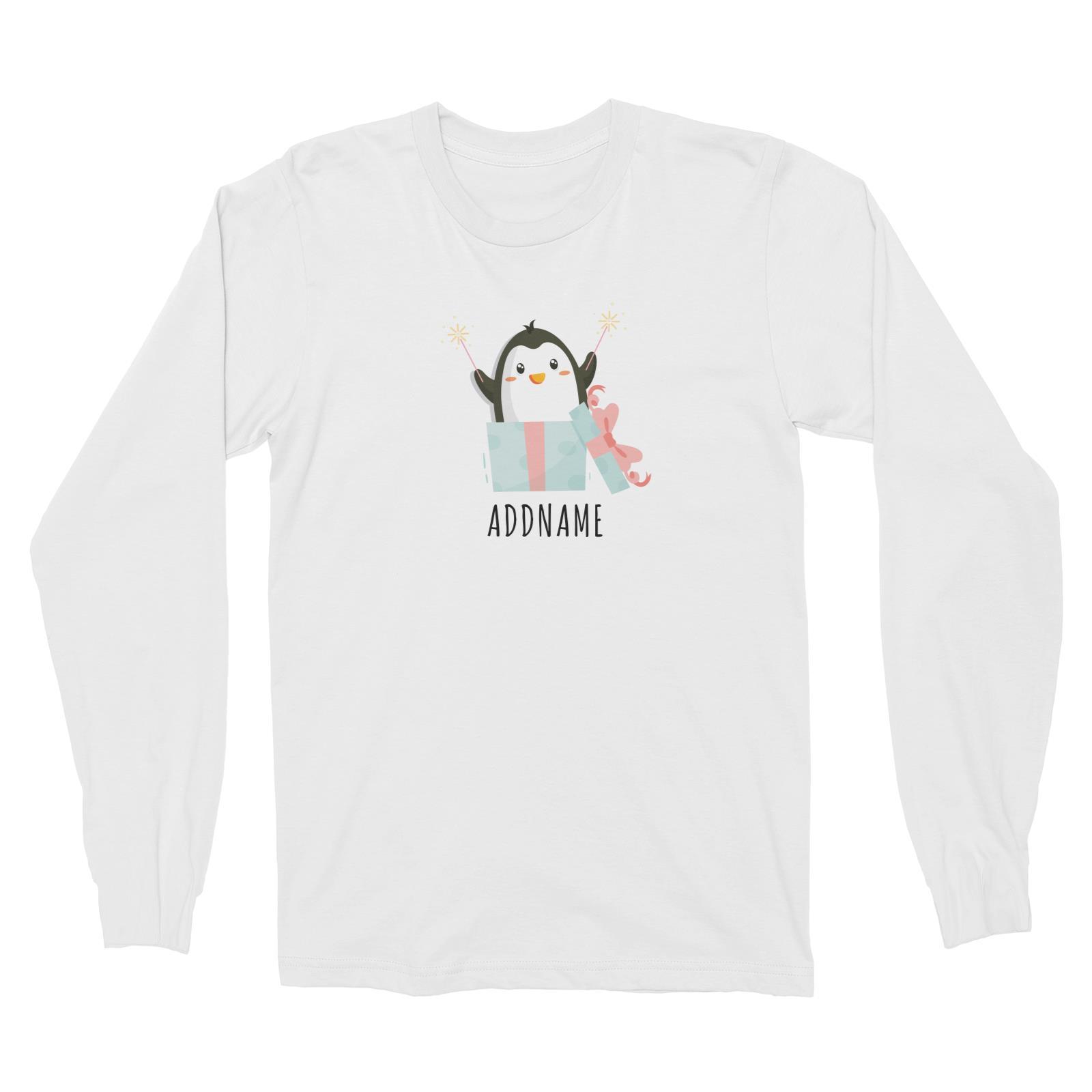Birthday Cute Penguin Taking Fireworks In Present Box Addname Long Sleeve Unisex T-Shirt