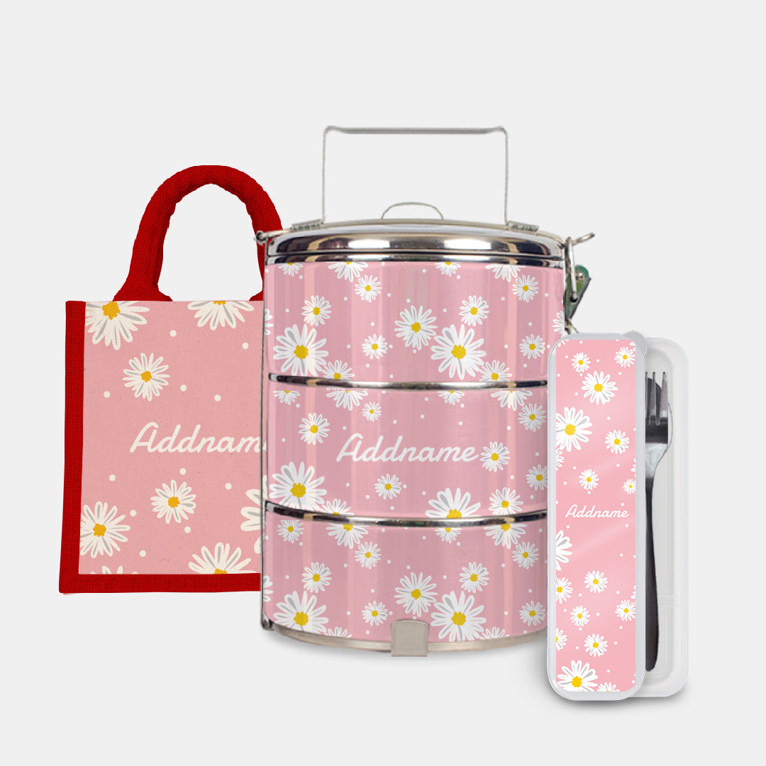 Daisy Series Half Lining Lunch Bag, Standard Tiffin Carrier And Cutlery Set - Blush Red
