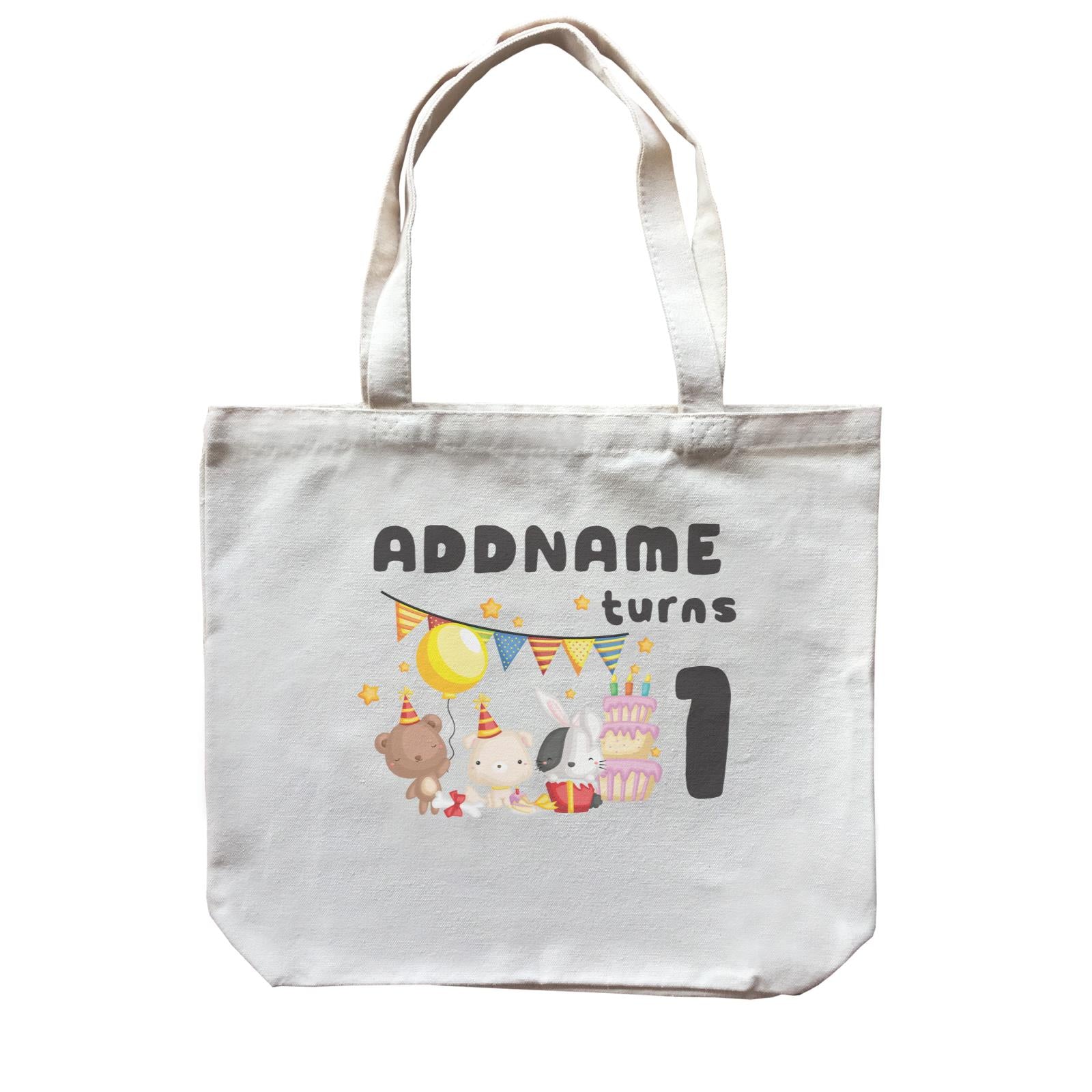 Birthday Friendly Animals Rabbit Bear And Dog Party Addname Turns 1 Canvas Bag
