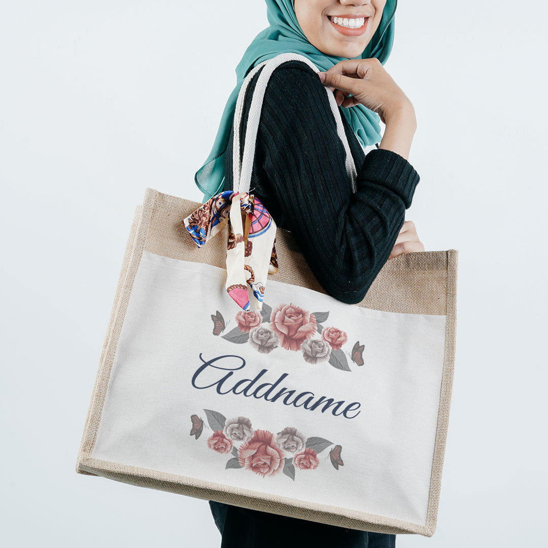 Rose Jute Bag with Front Pocket