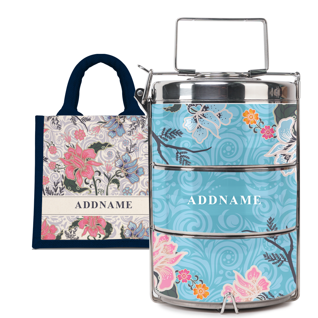 Modern Mahsuri Blue - Lunch Tote Bag with Three-Tier Tiffin Carrier