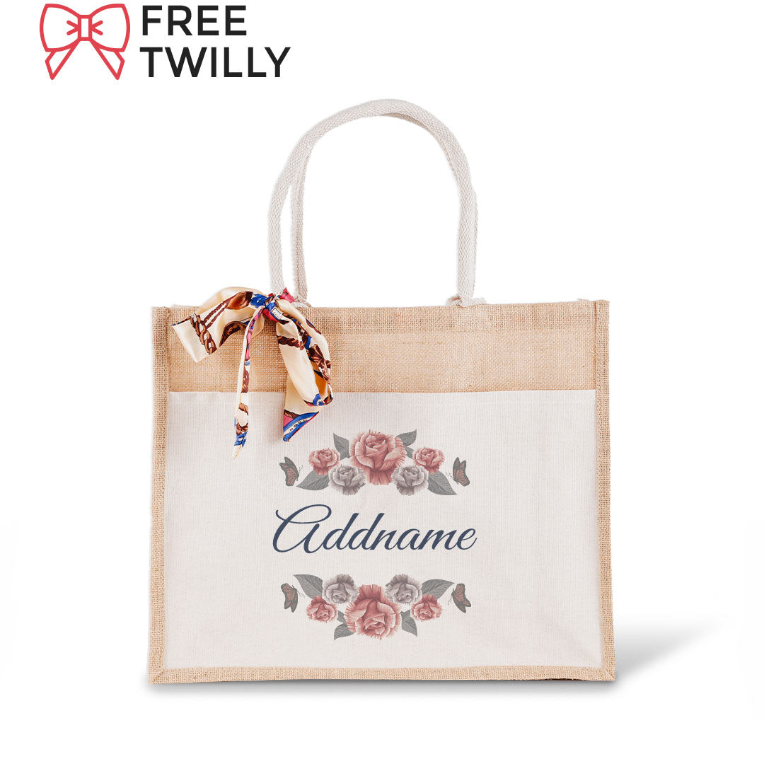 Rose Jute Bag with Front Pocket