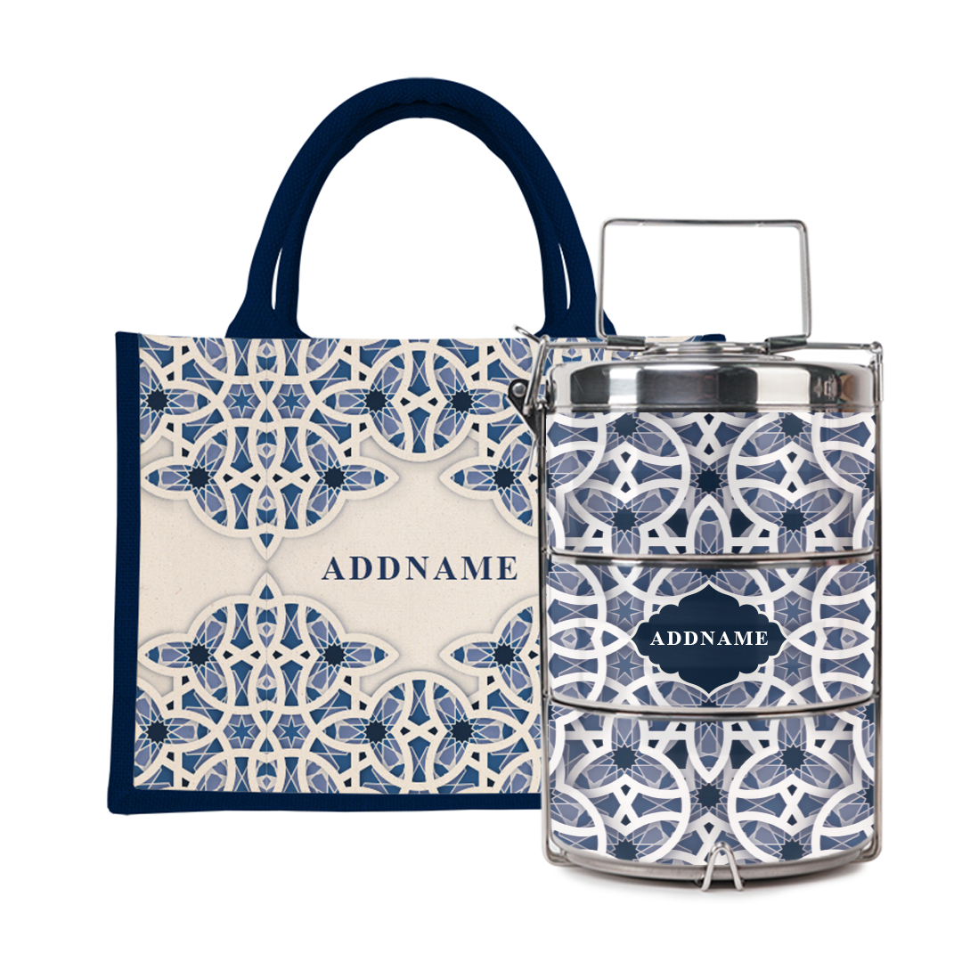 Ratu Series - Blue Tiffin Carrier with Half Lining Small Jute Bag