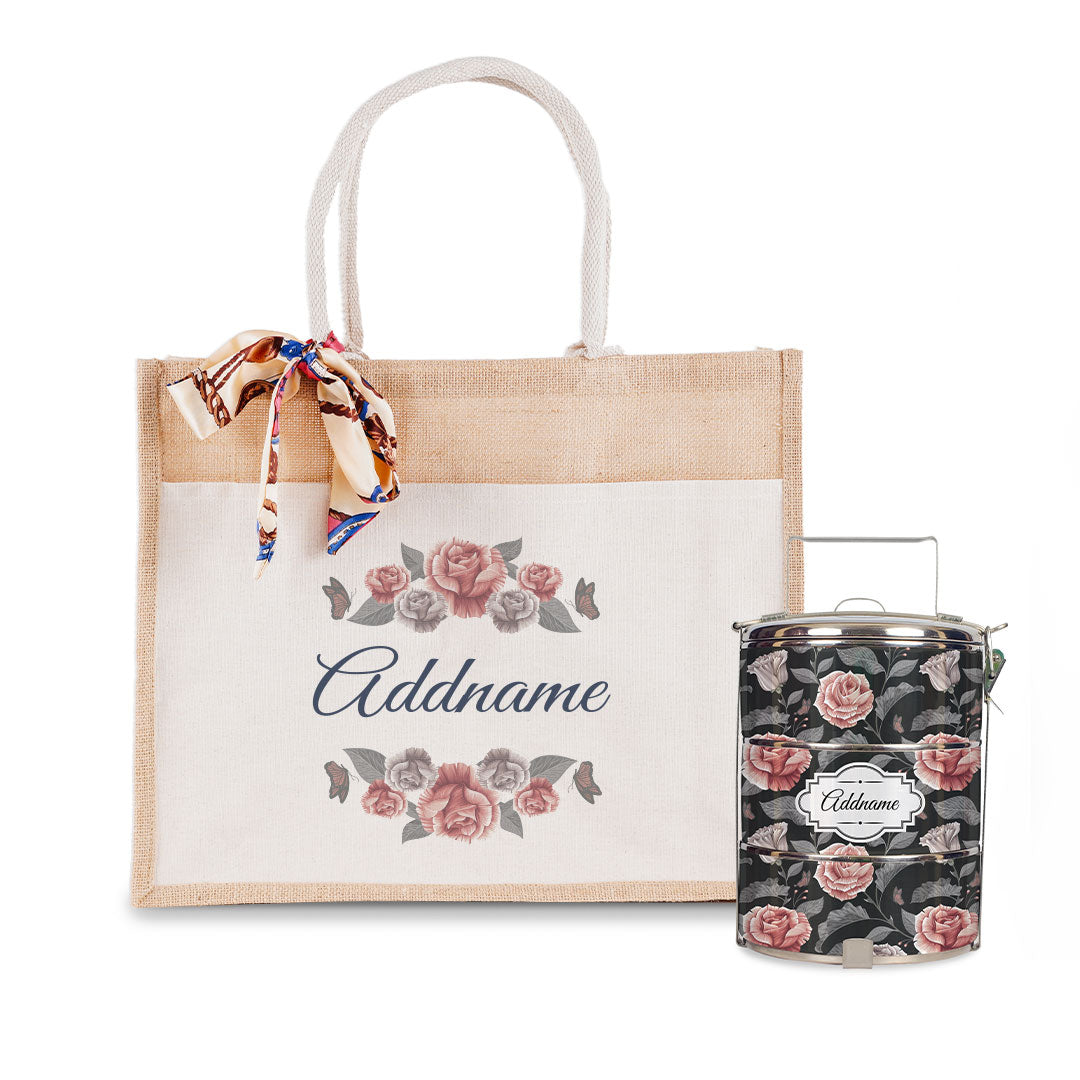 Rose Tiffin Carrier and Jute Bag with Front Pocket Set
