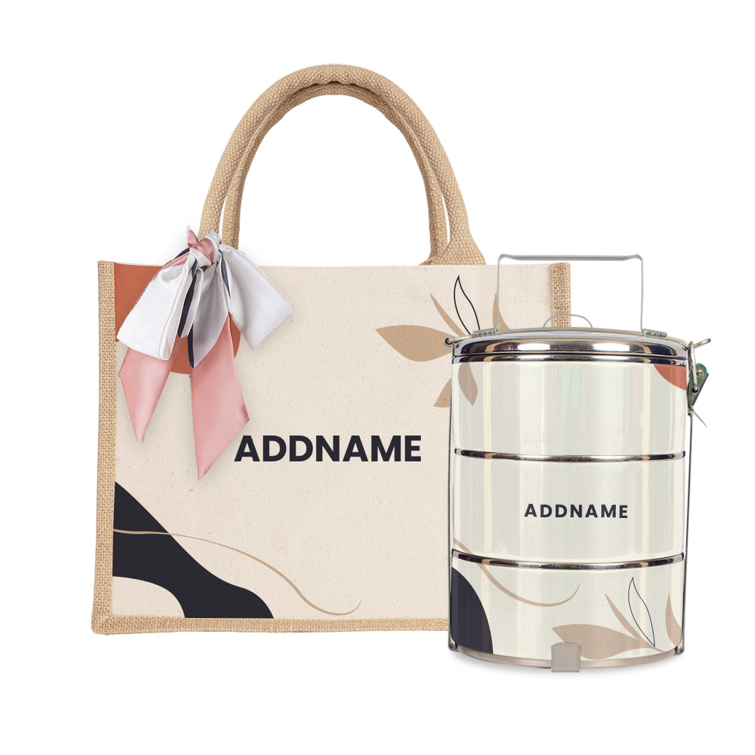 Charlotte Series - Calico Half Lining Small Jute Bag with Tiffin Carrier