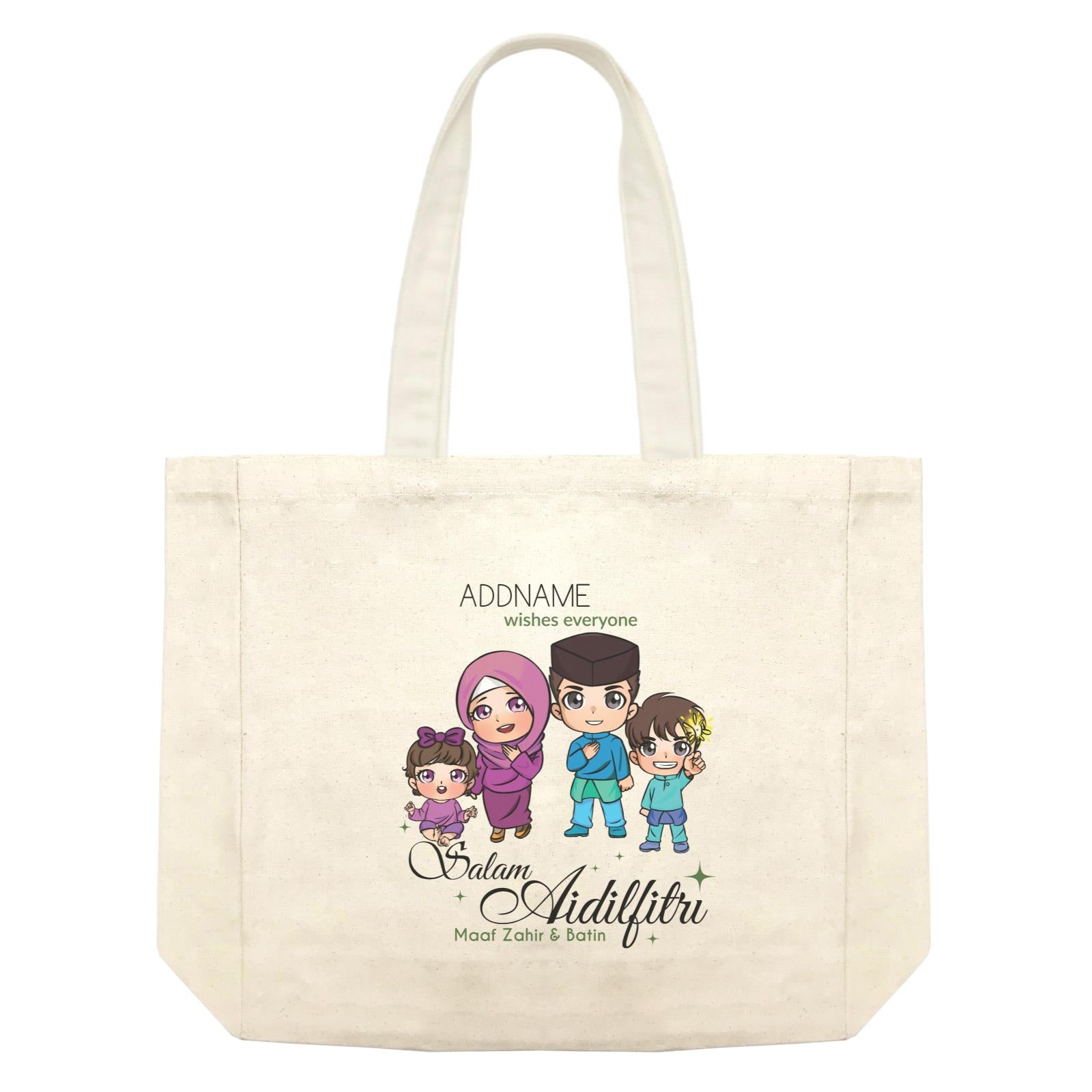 Raya Chibi Family Boy And Baby Girl Addname Wishes Everyone Salam Aidilfitri Maaf Zahir & Batin Shopping Bag