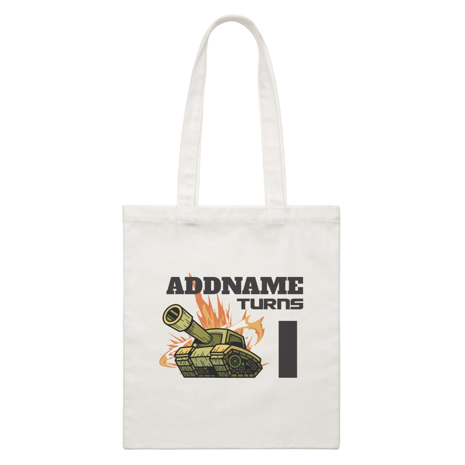 Birthday Battle Theme Tank Addname Turns 1 White Canvas Bag