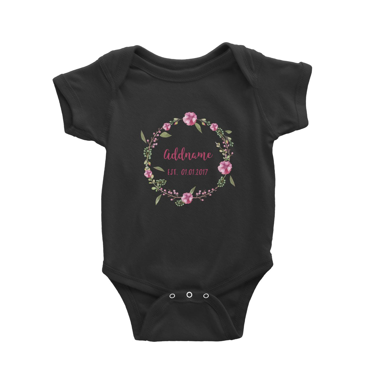 Add Name and Add Date in Pink Flower Wreath Baby Romper