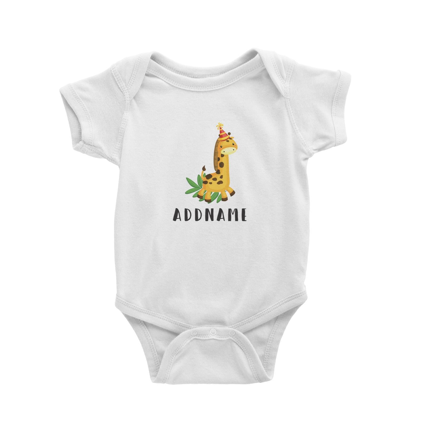 Birthday Safari Giraffa Wearing Party Hat Addname Baby Romper